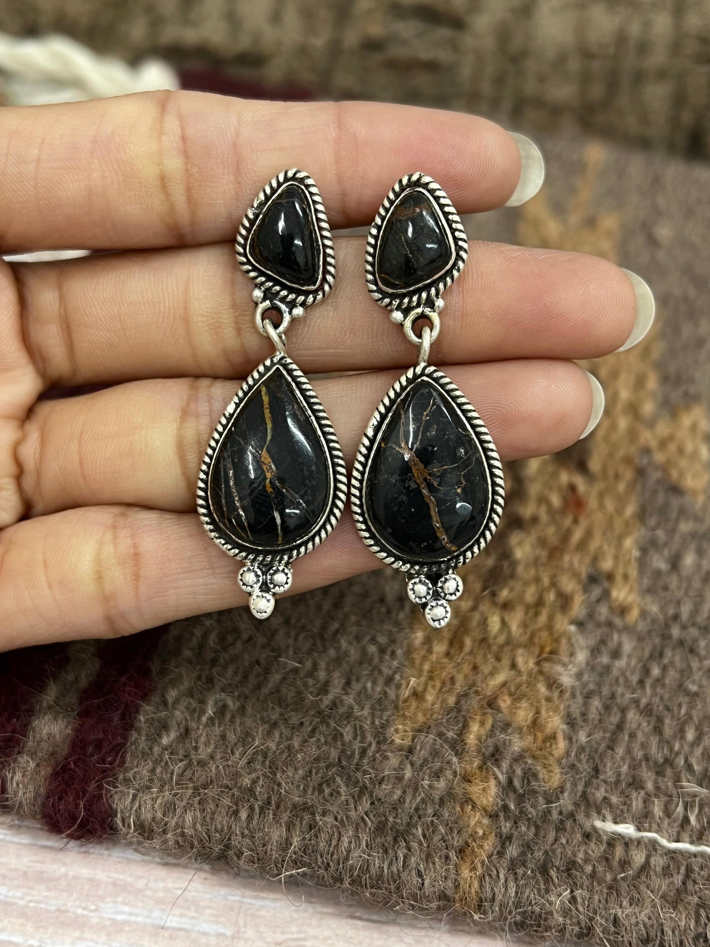 Handmade Sterling Silver Black Jack Dangle Earrings with Signed Nizhoni