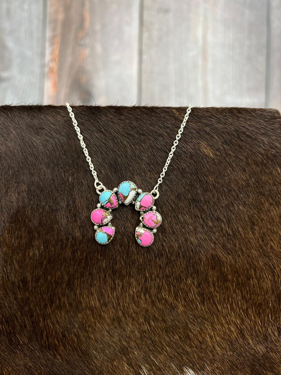 Handmade Sterling Silver Cotton Candy Turquoise Naja Necklace with Signed Nizhoni