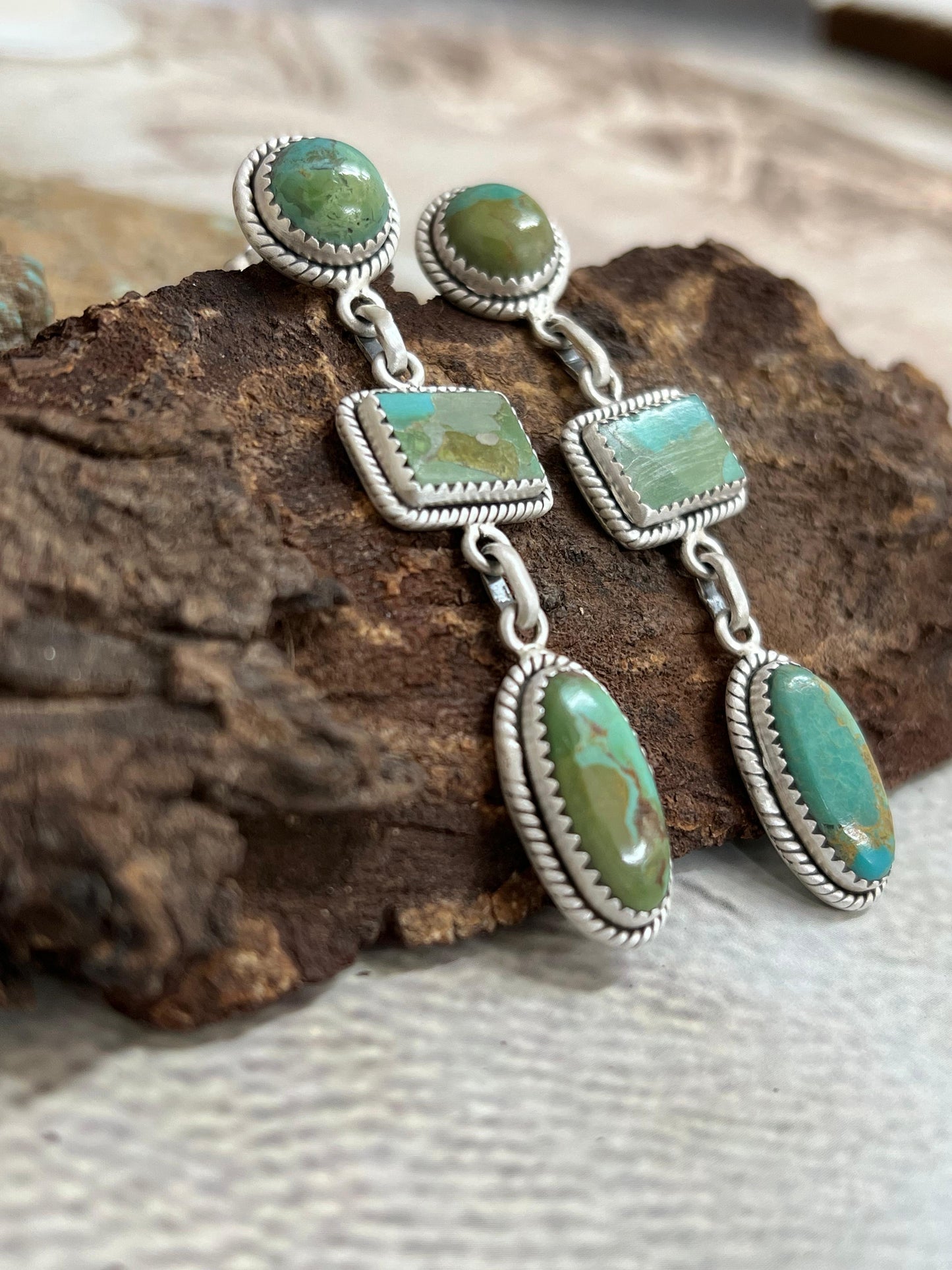 Handmade Sterling Silver Kingman Turquoise Post Dangle Earrings with Signed Nizhoni