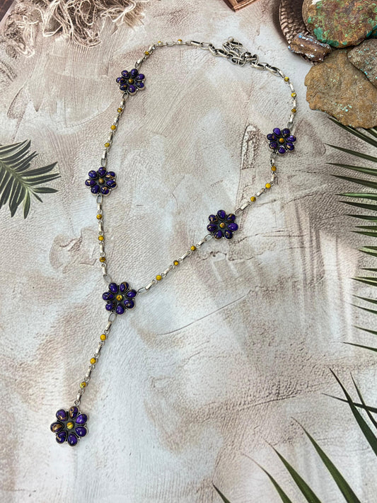 Handmade Sterling Silver Grape Dahlia, Honey Dahlia Necklace with Signed Nizhoni