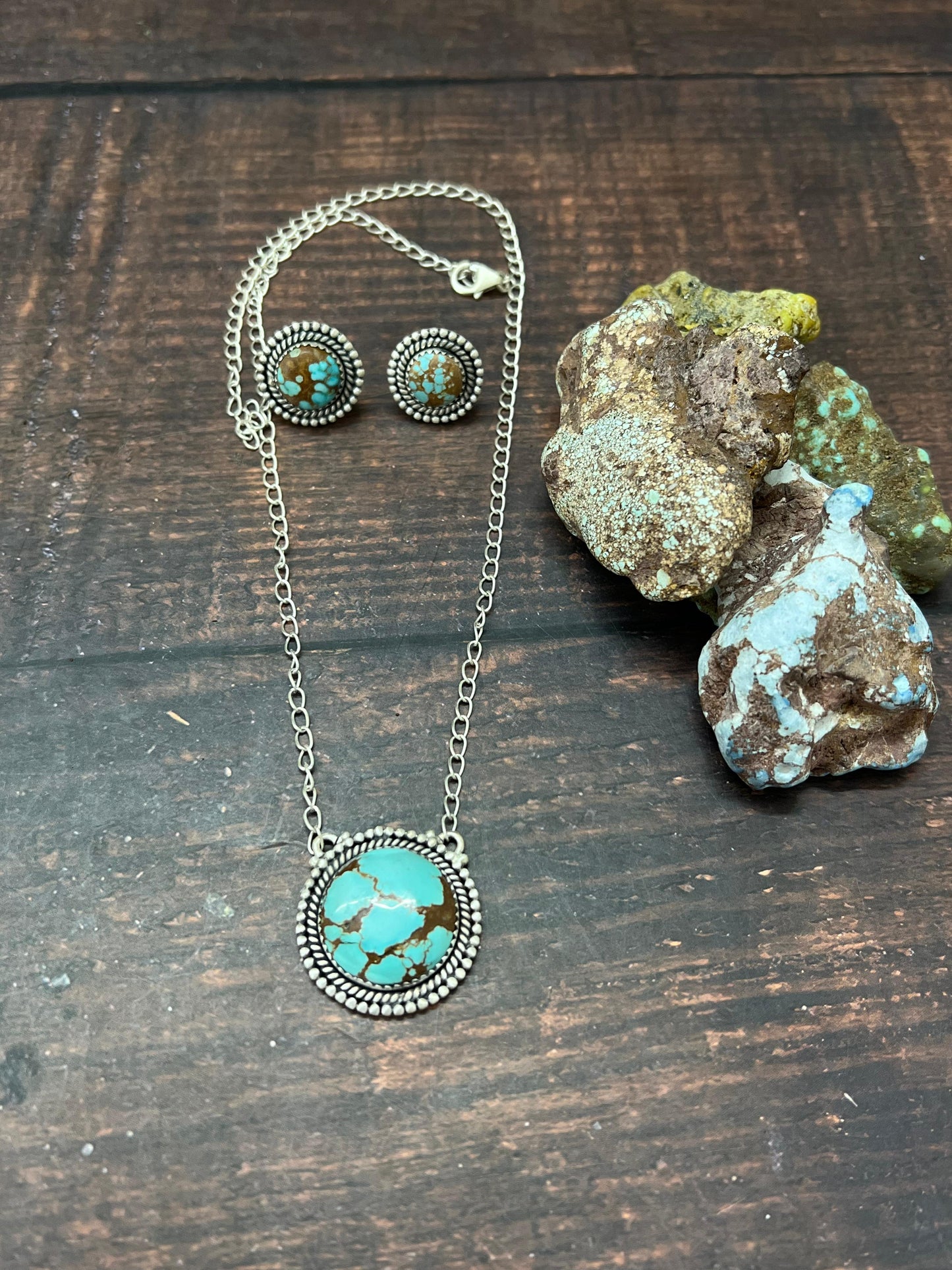 Handmade Sterling Silver Number 8 Turquoise Necklace Earrings Set with Signed Nizhoni
