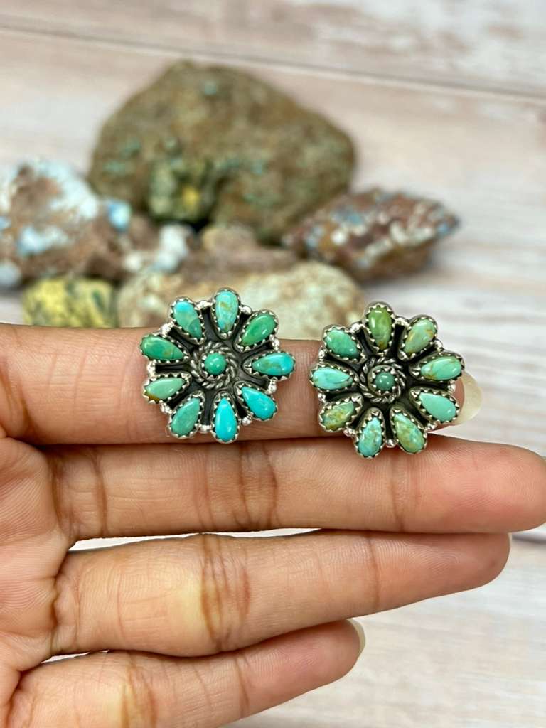 Handmade Sterling Silver Kingman Turquoise Post Studs Earrings "Signed Nizhoni"