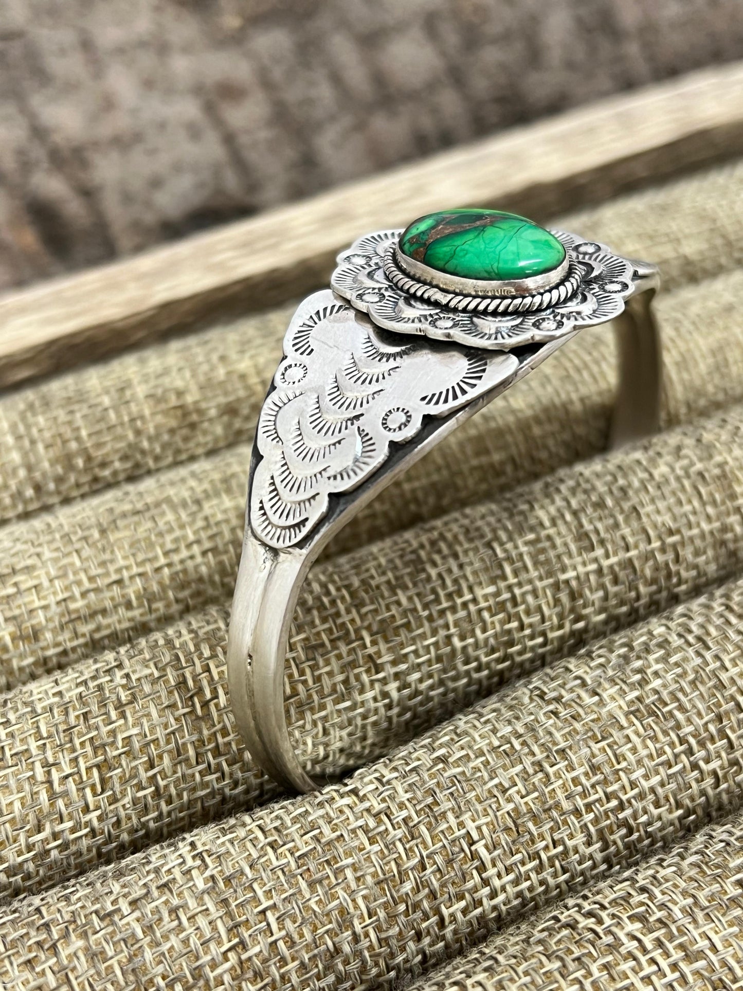 Handmade Sterling Silver Kelly Green Dahlia Cuff Bracelet with Signed Nizhoni