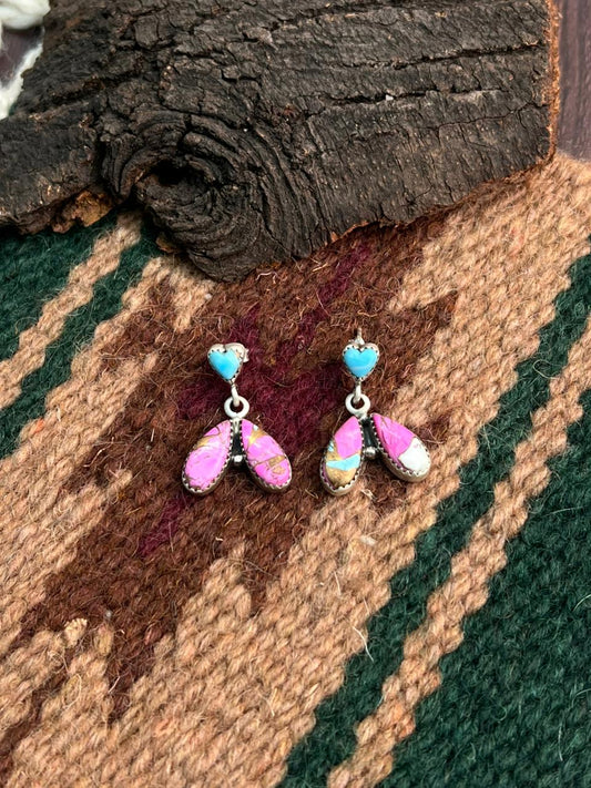 "Heart Collection" Handmade Sterling Silver Cotton Candy Post Dangle Earrings "Signed Nizhoni"