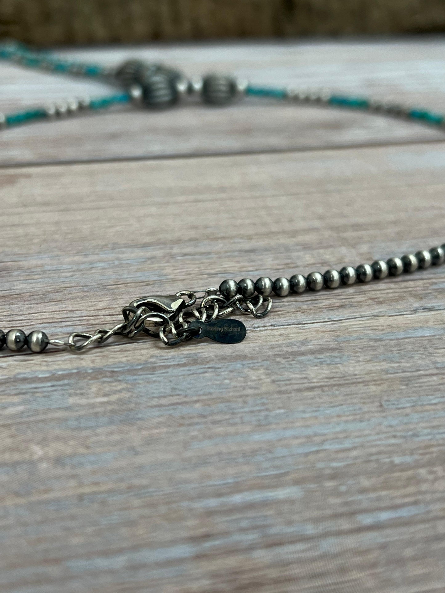 Handmade Sterling Silver Kingman Turquoise Beaded Necklace with Signed Nizhoni