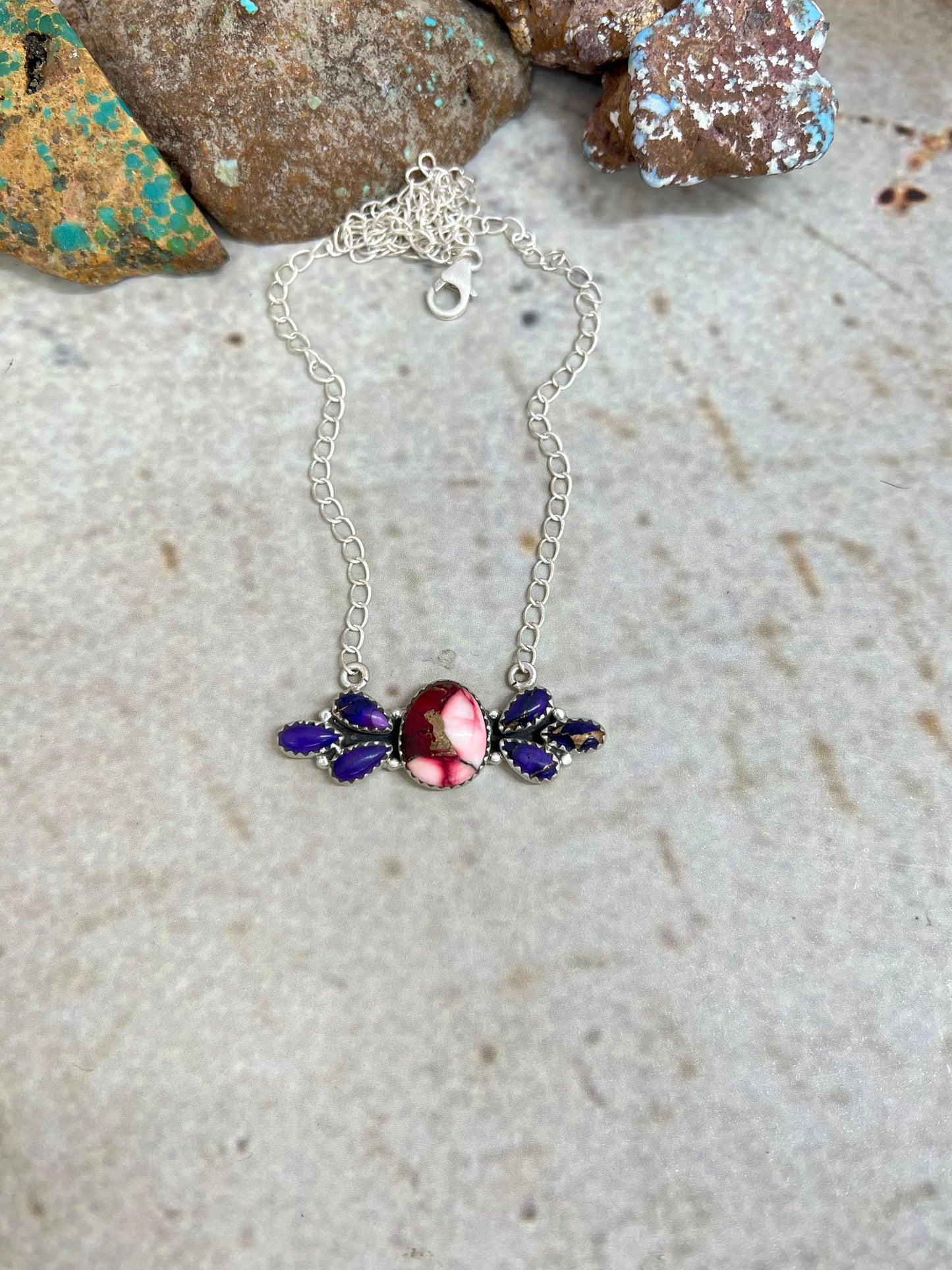Handmade Sterling Silver Grape Dahlia with Dahlia Rose Necklace with Signed Nizhoni