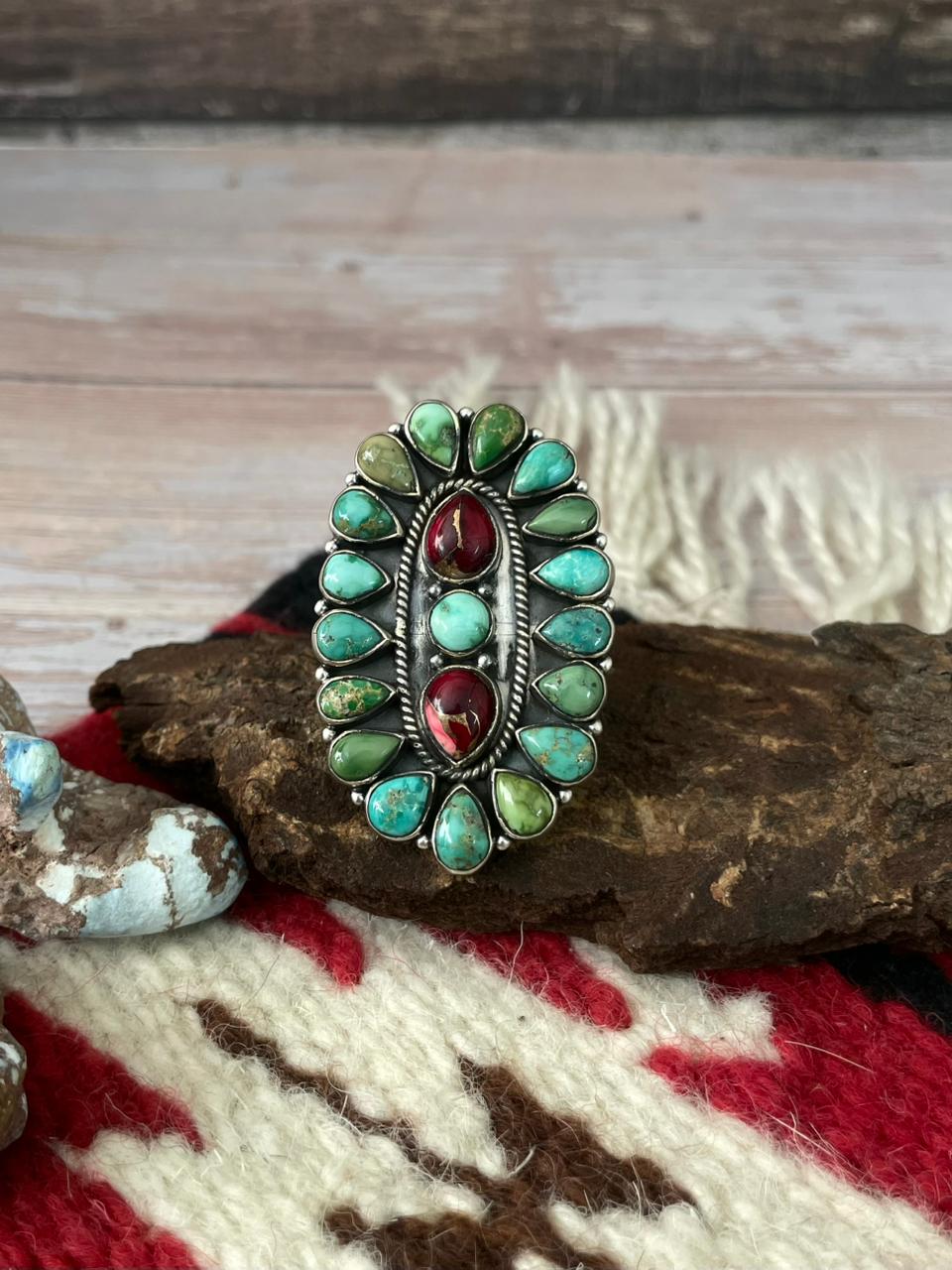 Handmade Sterling Silver Dahlia Rose With Emerald Valley Turquoise Ring "Signed Nizhoni"