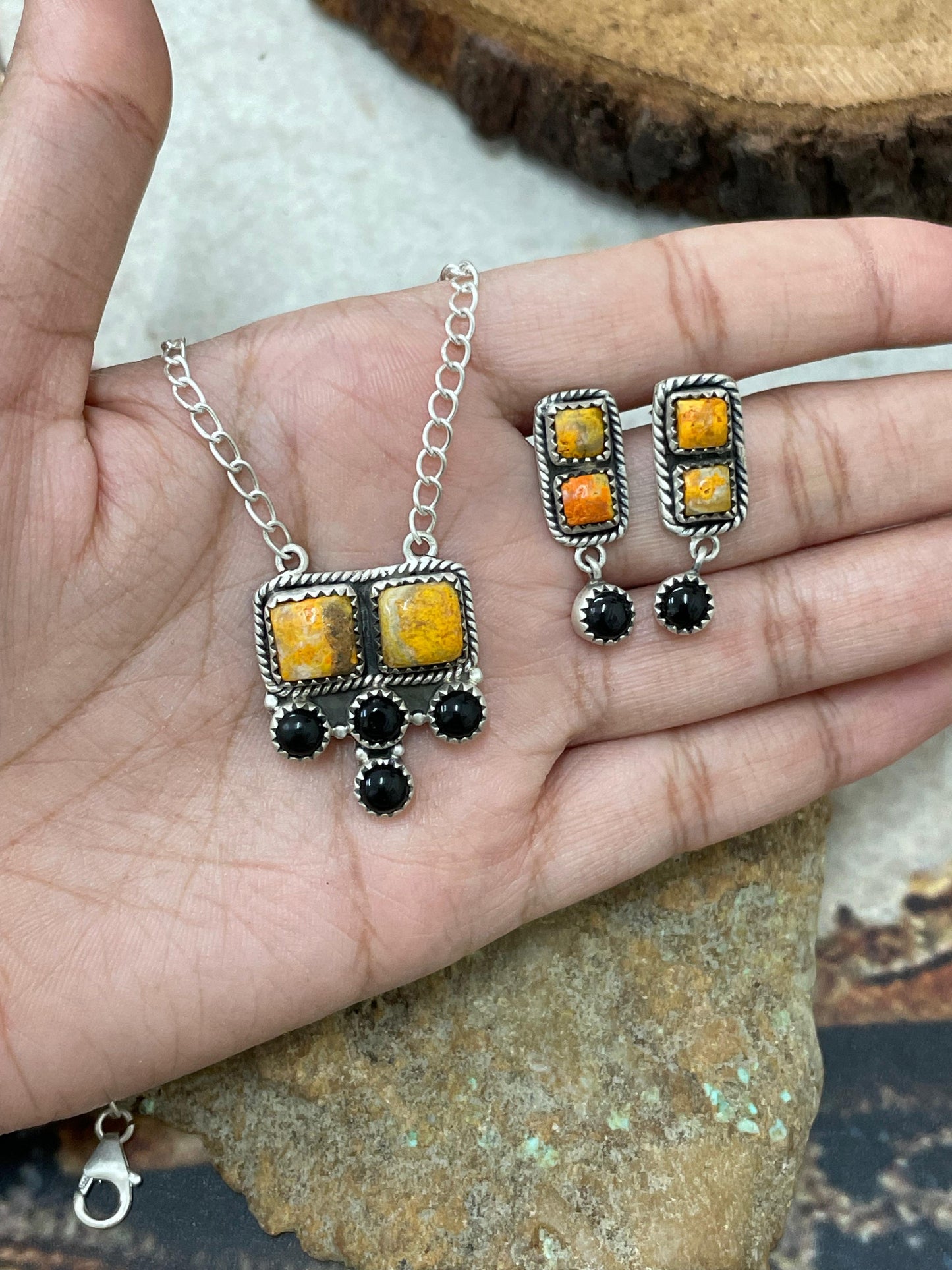 "Halloween Collection" Handmade Sterling Silver Black Onyx, Bumblebee Necklace with Signed Nizhoni