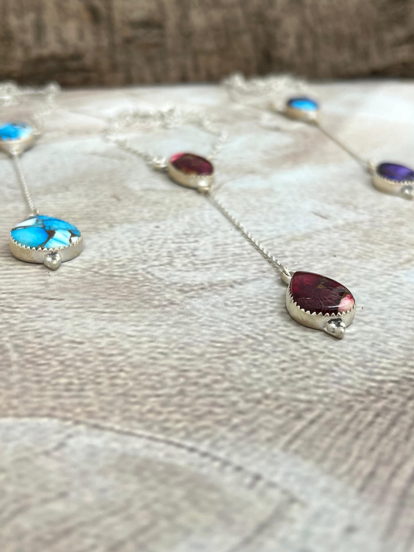 Handmade Sterling Silver Multi Stone Necklace with Signed Nizhoni