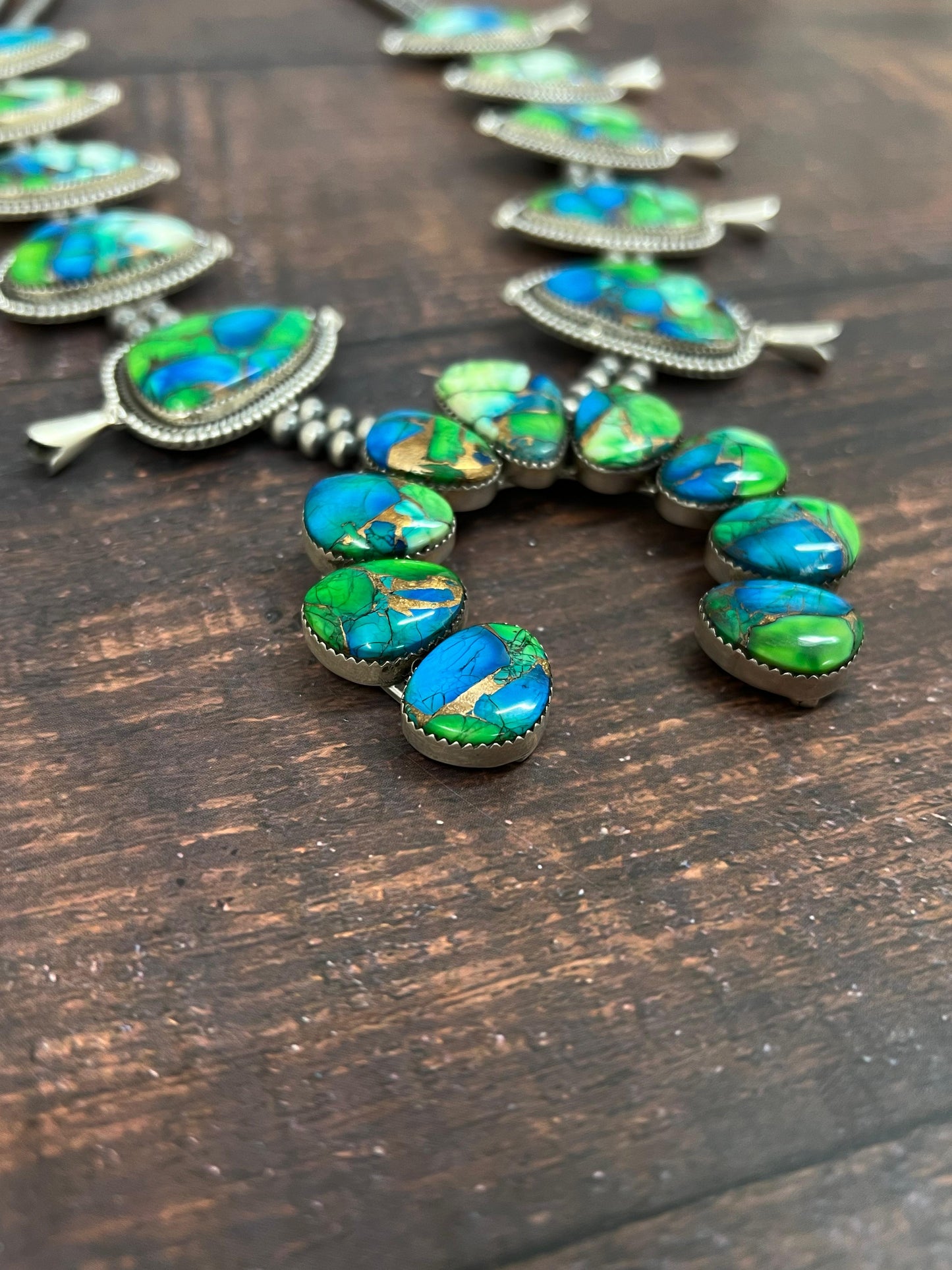 Handmade Sterling Silver Peacock Dahlia Beaded Necklace with Signed Nizhoni