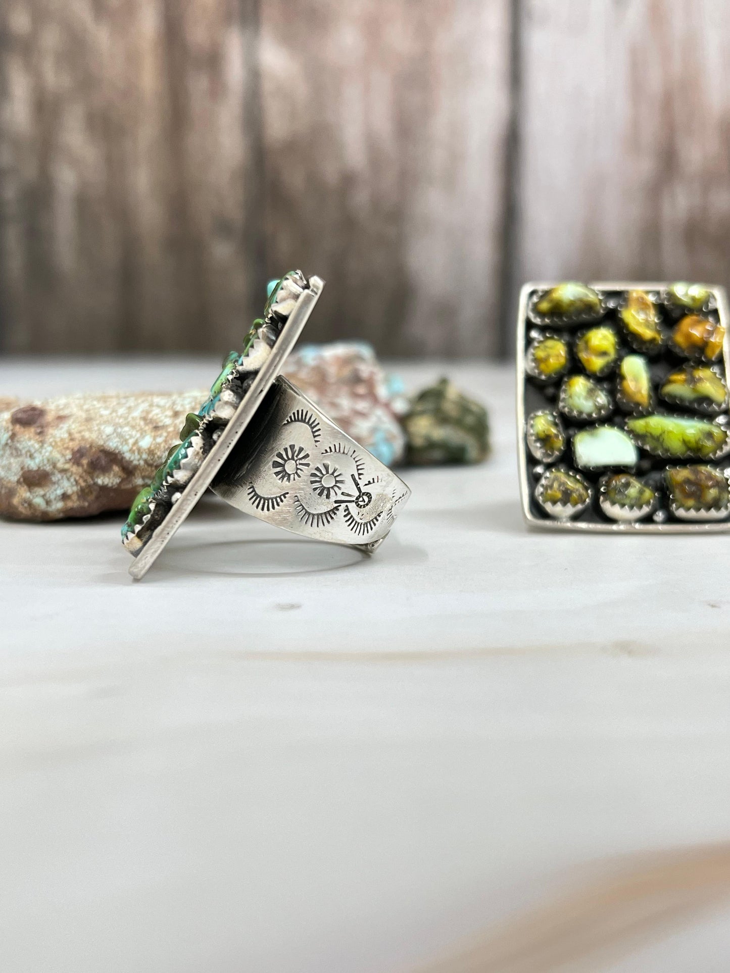 Handmade Sterling Silver Palomino, Sonoran Mountain Turquoise Adjustable Ring with Signed Nizhoni