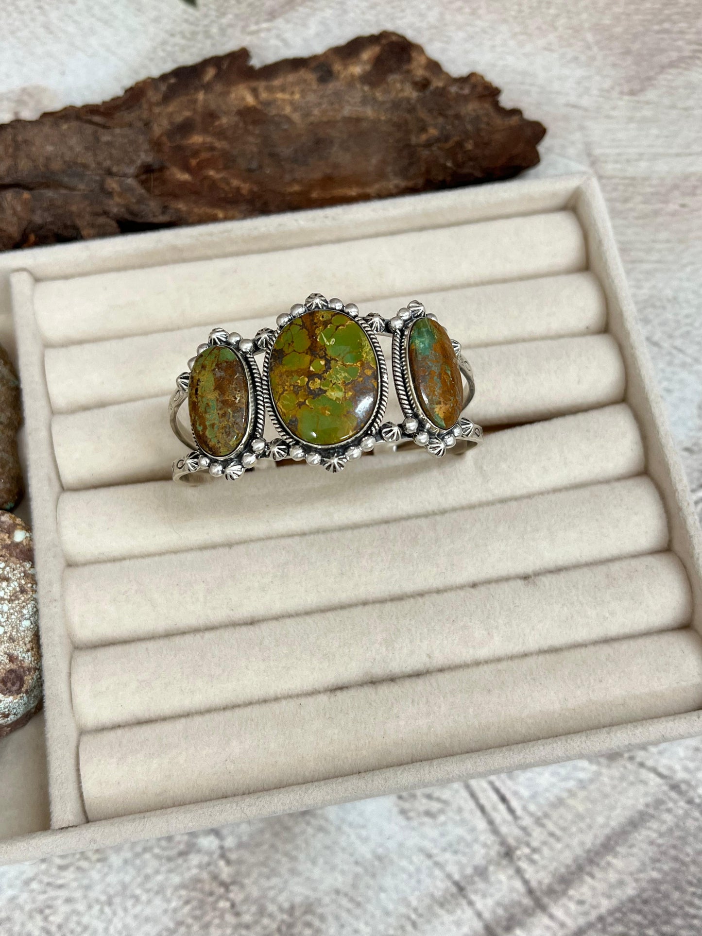 Handmade Sterling Silver Old Stock Royston Turquoise Cuff Bracelet with Signed Nizhoni