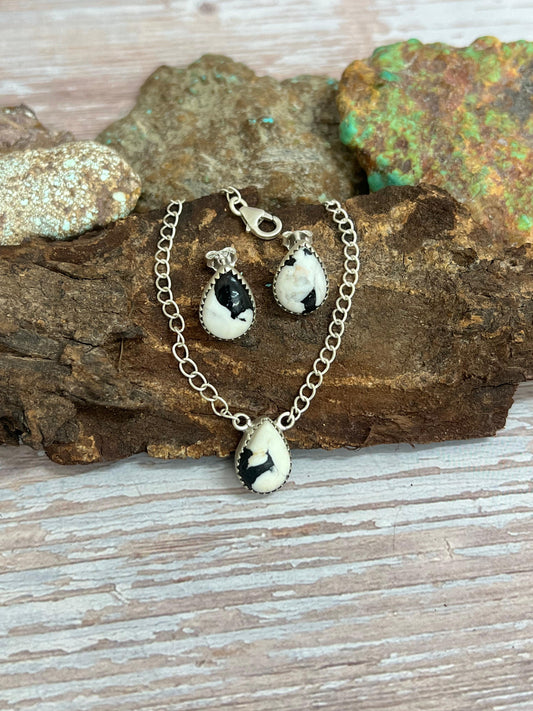 Handmade Sterling Silver White Buffalo Necklace Earrings Set with Signed Nizhoni
