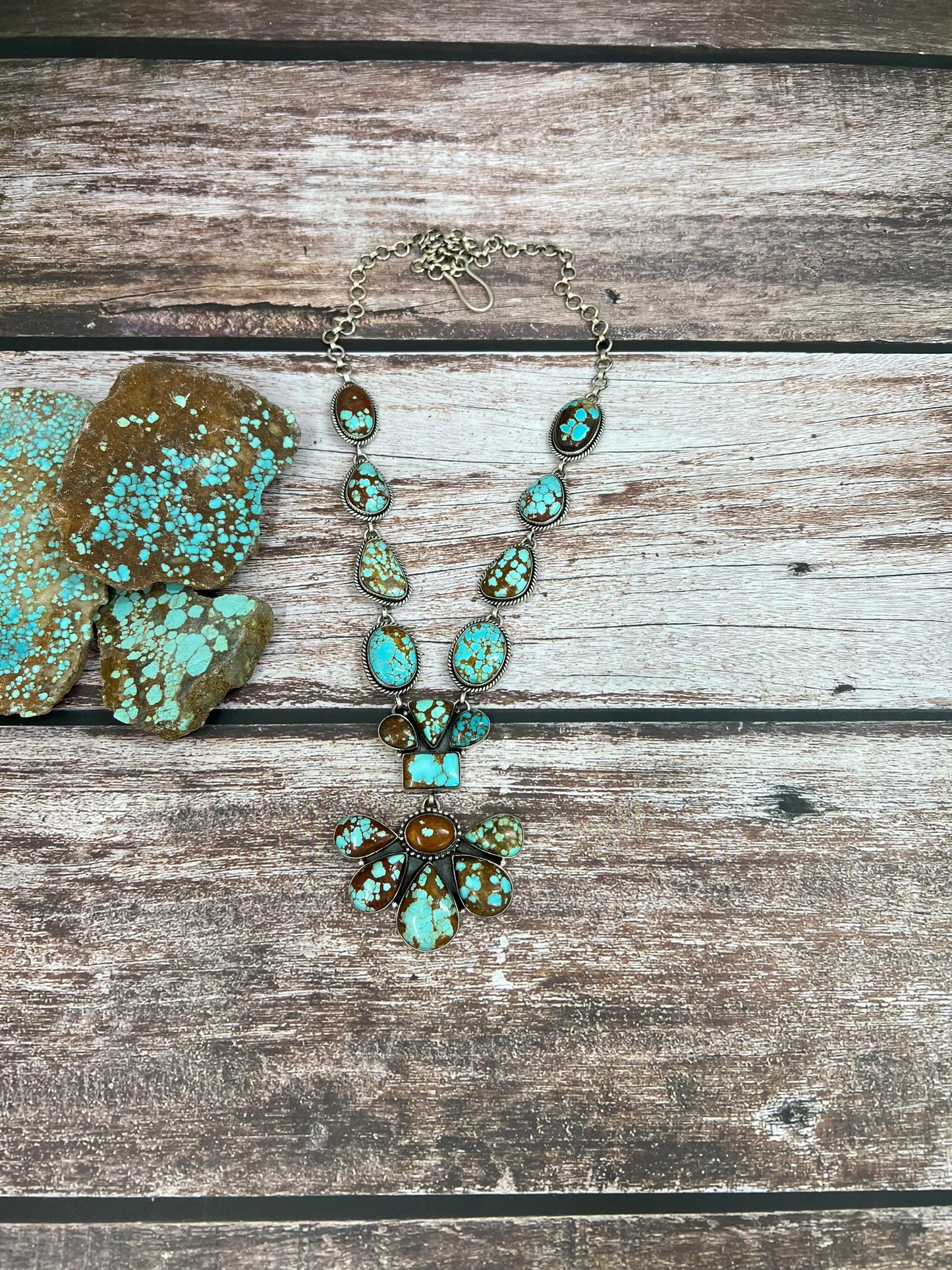 Handmade Sterling Silver Number 8 Turquoise Necklace with Signed Nizhoni