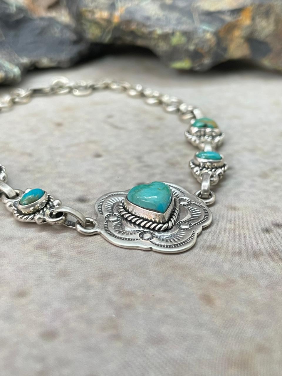 "Heart Collection" Handmade Sterling Silver Kingman Turquoise Chain Bracelet "Signed Nizhoni"