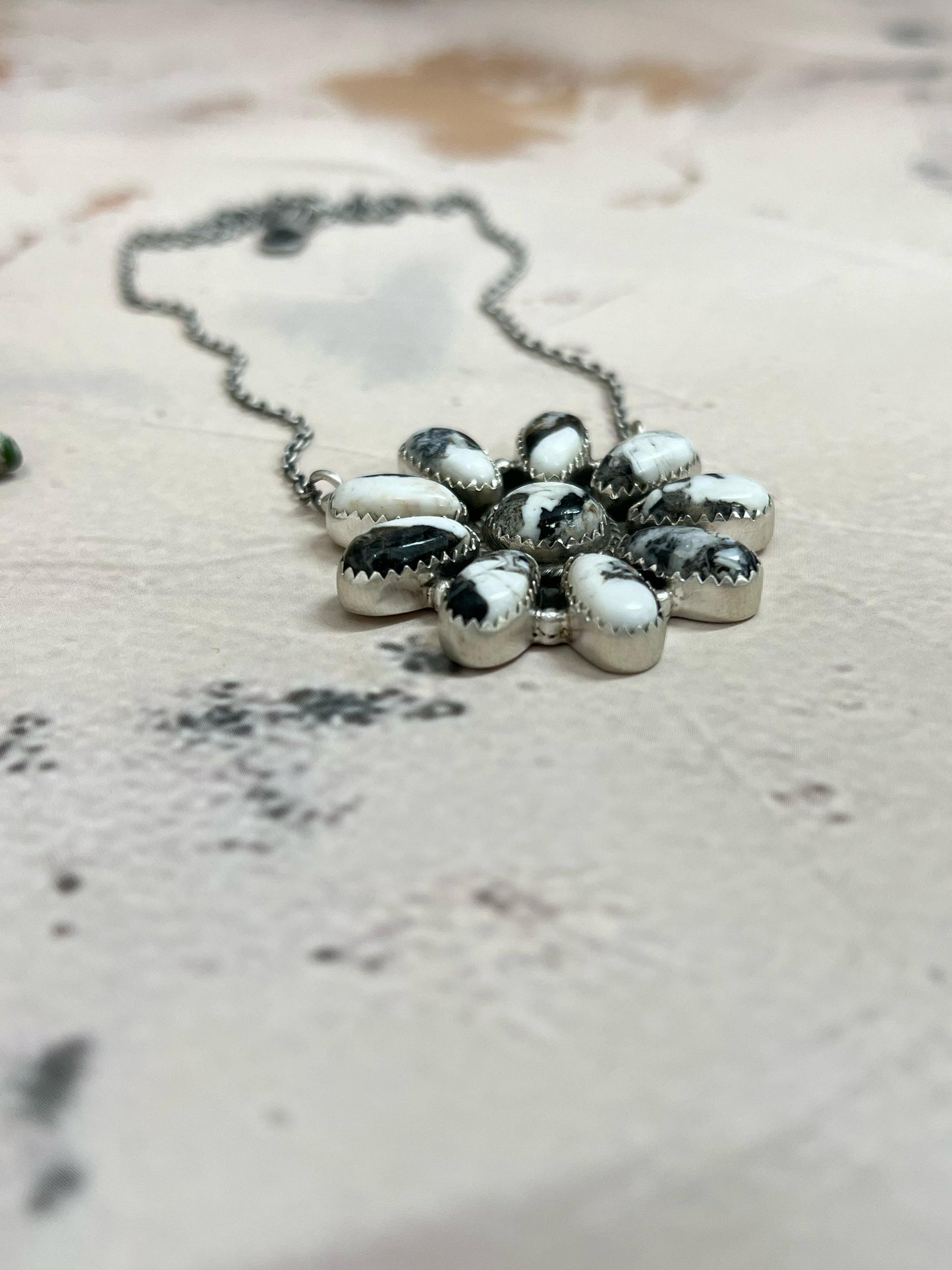 Handmade Sterling Silver White Buffalo Turquoise Flower Necklace with Signed Nizhoni