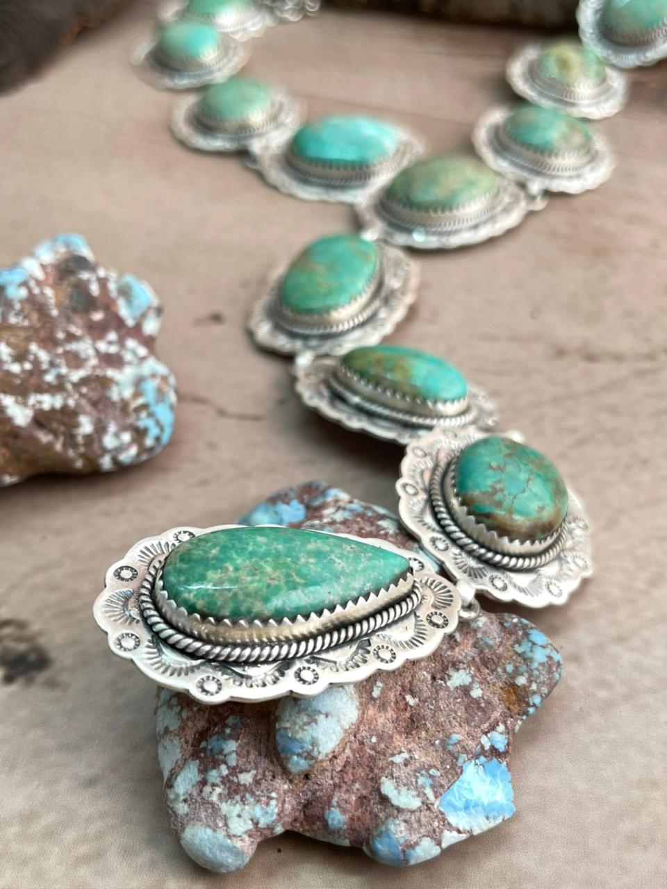 Handmade Sterling Silver Mantis Turquoise Necklace with Signed Nizhoni