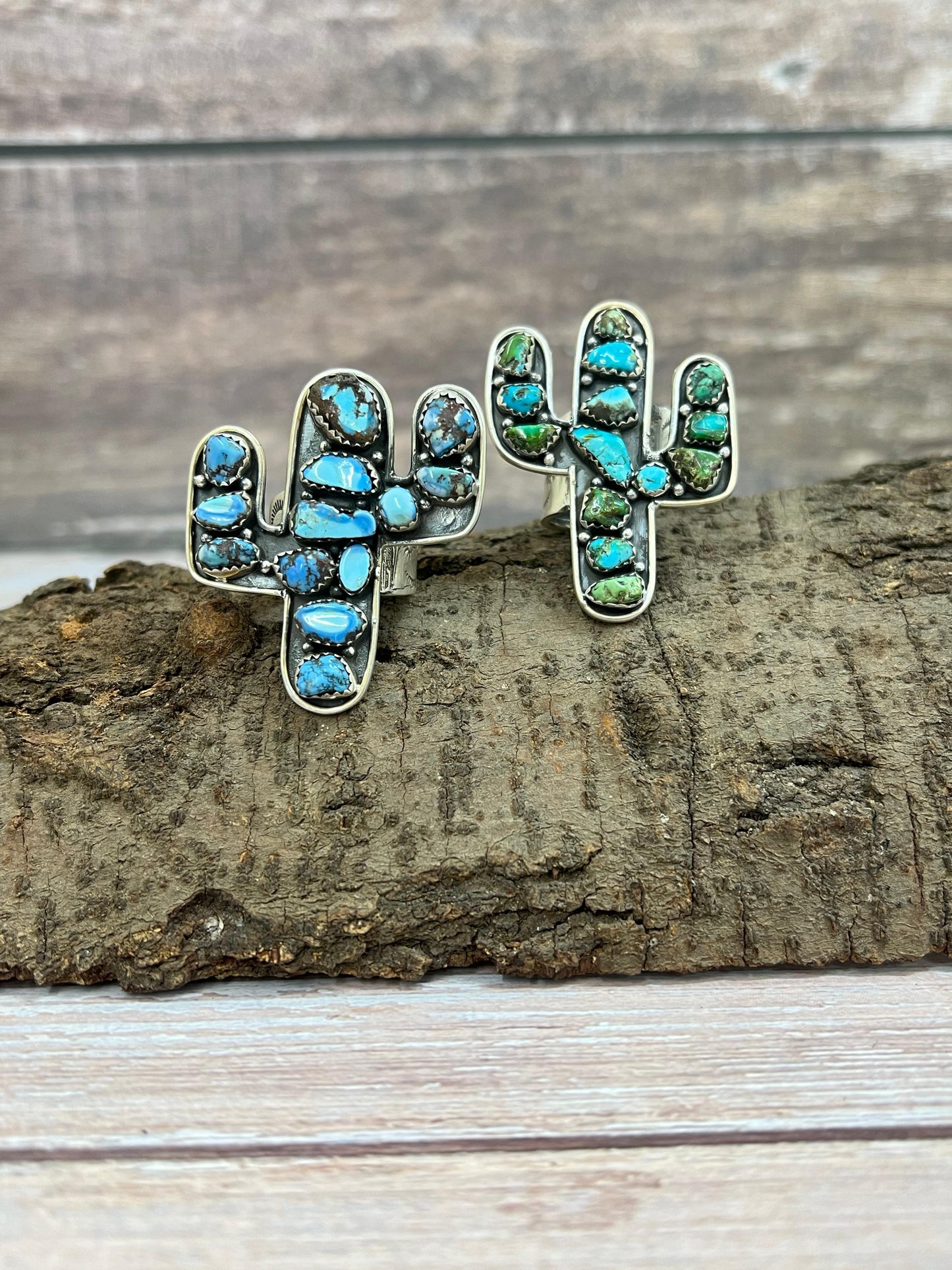 Handmade Sterling Silver Golden Hills, Sonoran Mountain Turquoise Cactus Adjustable Ring with Signed Nizhoni