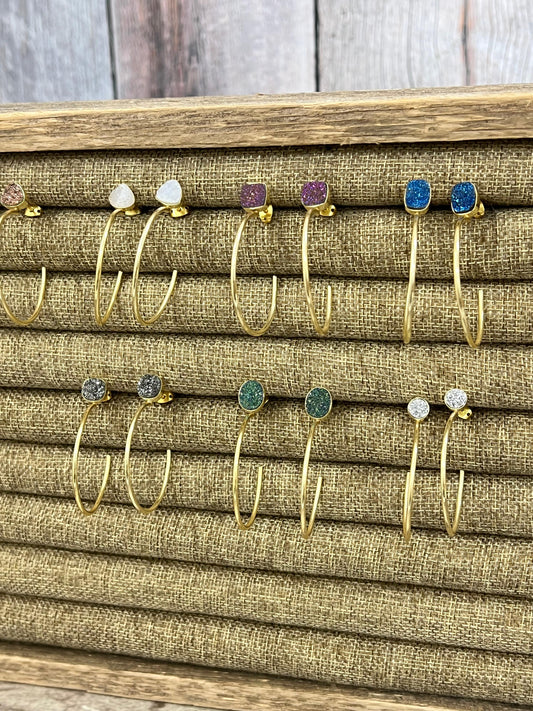 “The Boho Collection” Handmade Natural Druzy Open Hoop Earrings