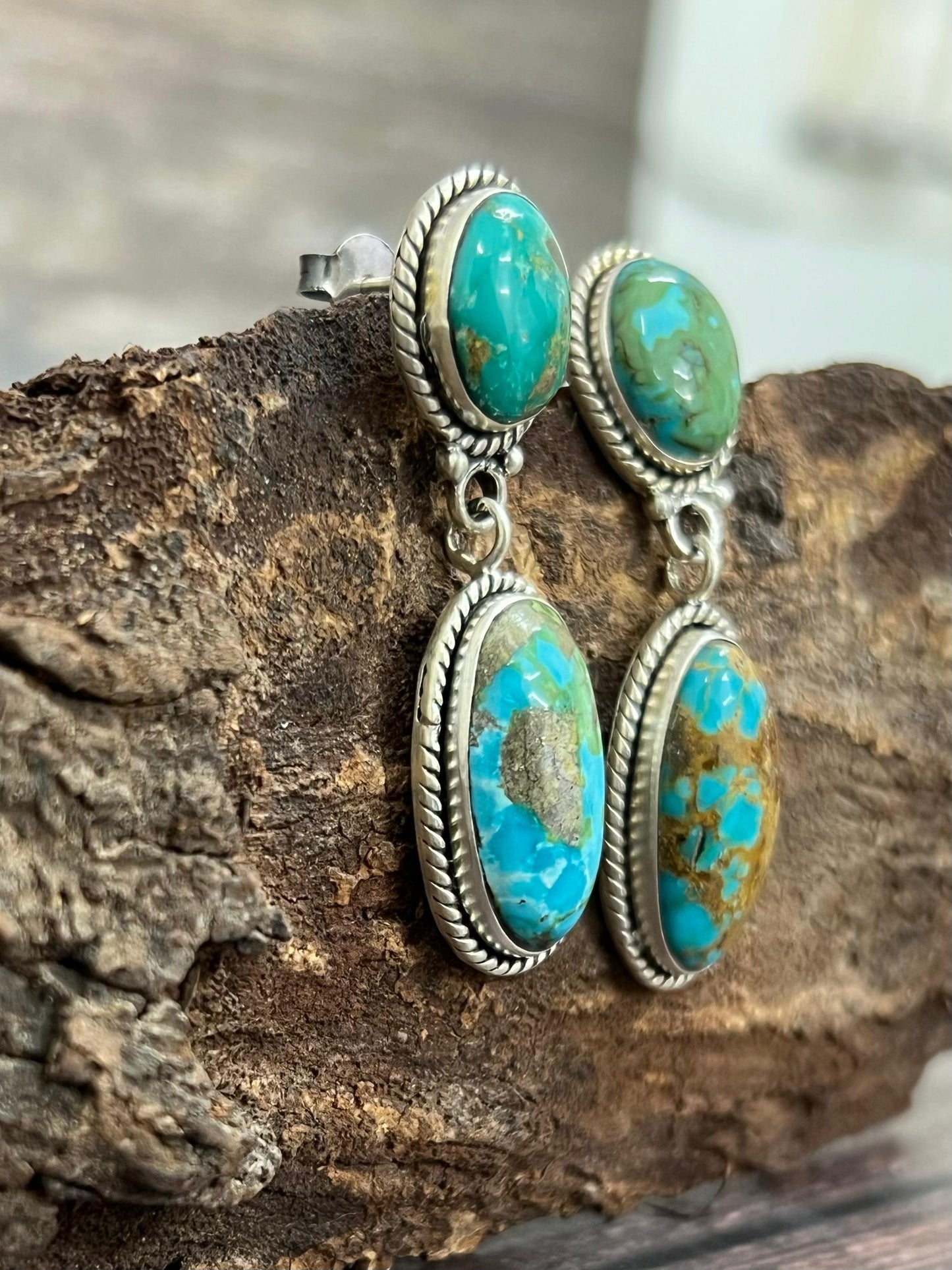 Handmade Sterling Silver South Hill Turquoise Post Dangle Earrings with Signed Nizhoni