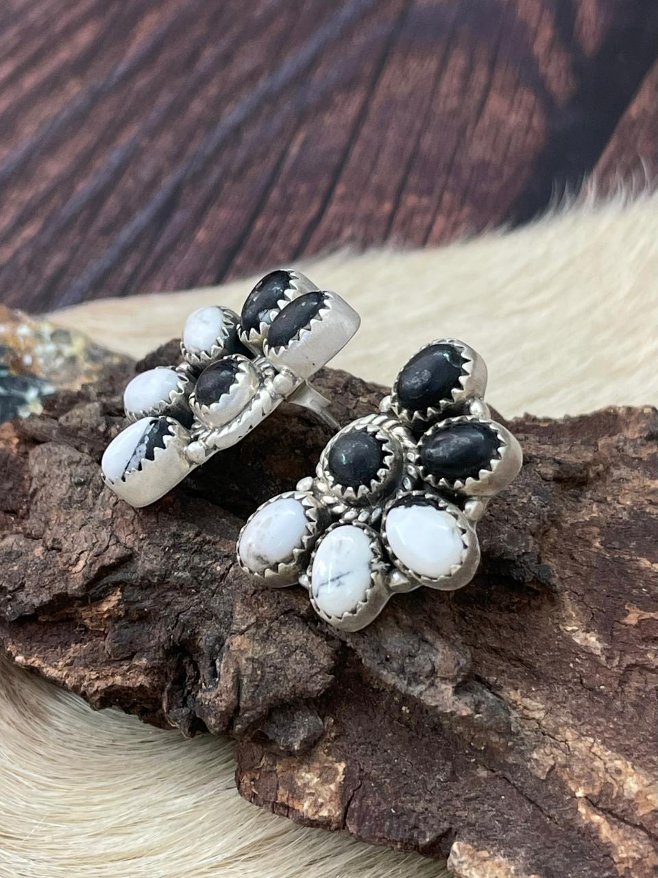 Handmade Sterling Silver White Buffalo Post Studs Earrings "Signed Nizhoni" (7)