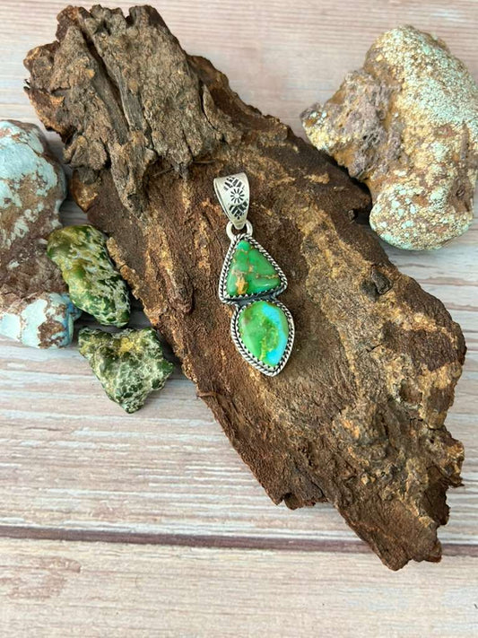Handmade Sterling Silver Sonoran Mountain Turquoise Pendant with Signed Nizhoni
