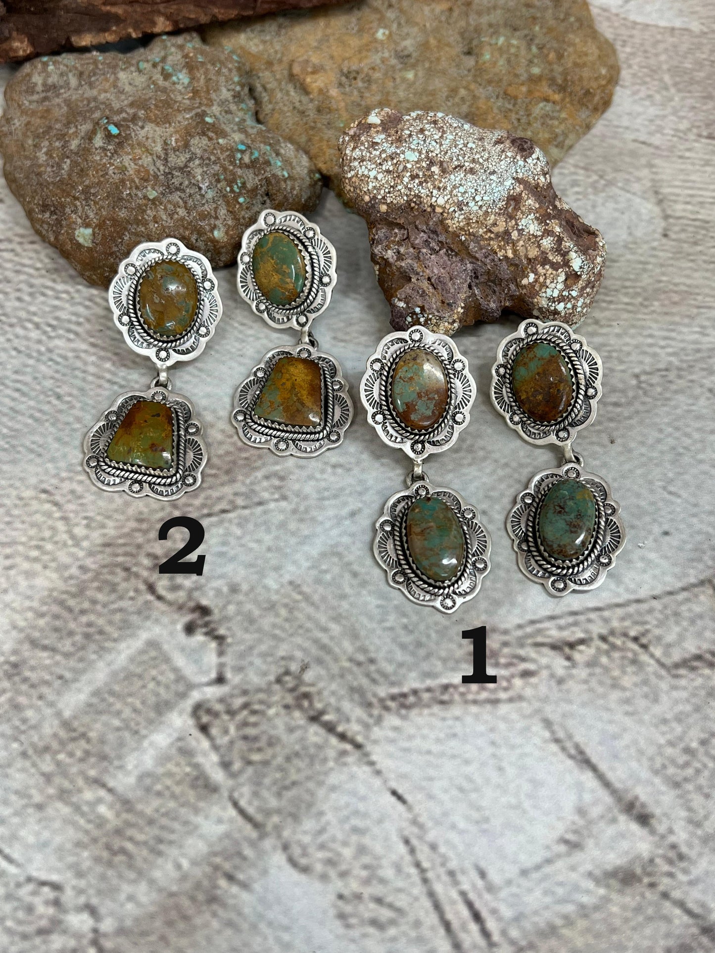 Handmade Sterling Silver Old Stock Royston Turquoise Post Dangle Earrings with Signed Nizhoni
