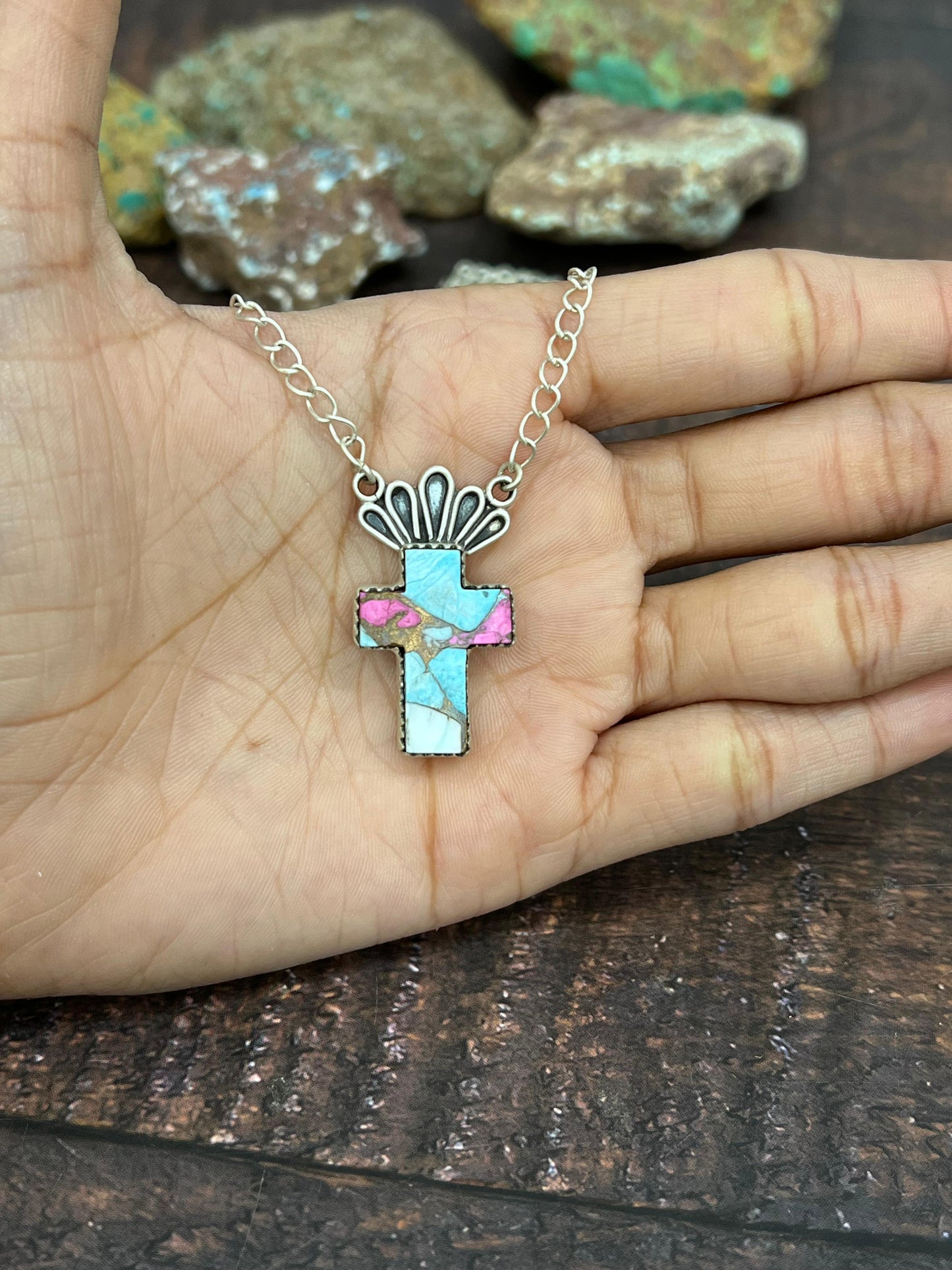 Handmade Sterling Silver Cotton Candy Cross Necklace Signed Nizhoni