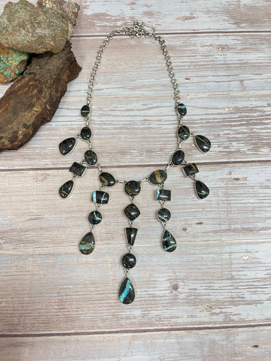 Handmade Sterling Silver Blackjack Turquoise Necklace Signed Nizhoni
