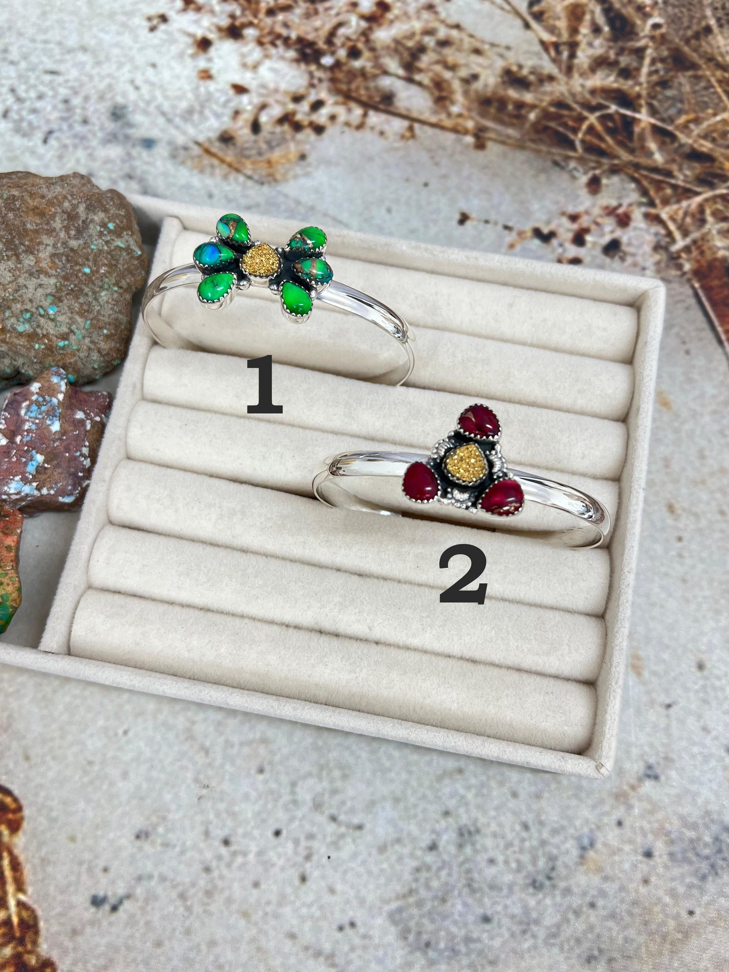 Handmade Sterling Silver Peacock Dahlia with Druzy, Dahlia Rose with Druzy Cuff Bracelet, Signed Nizhoni