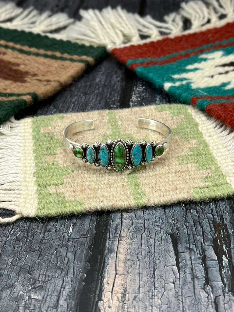 Handmade Sterling Silver Sonoran Mountain Turquoise with White Water Bracelet with Signed Nizhoni