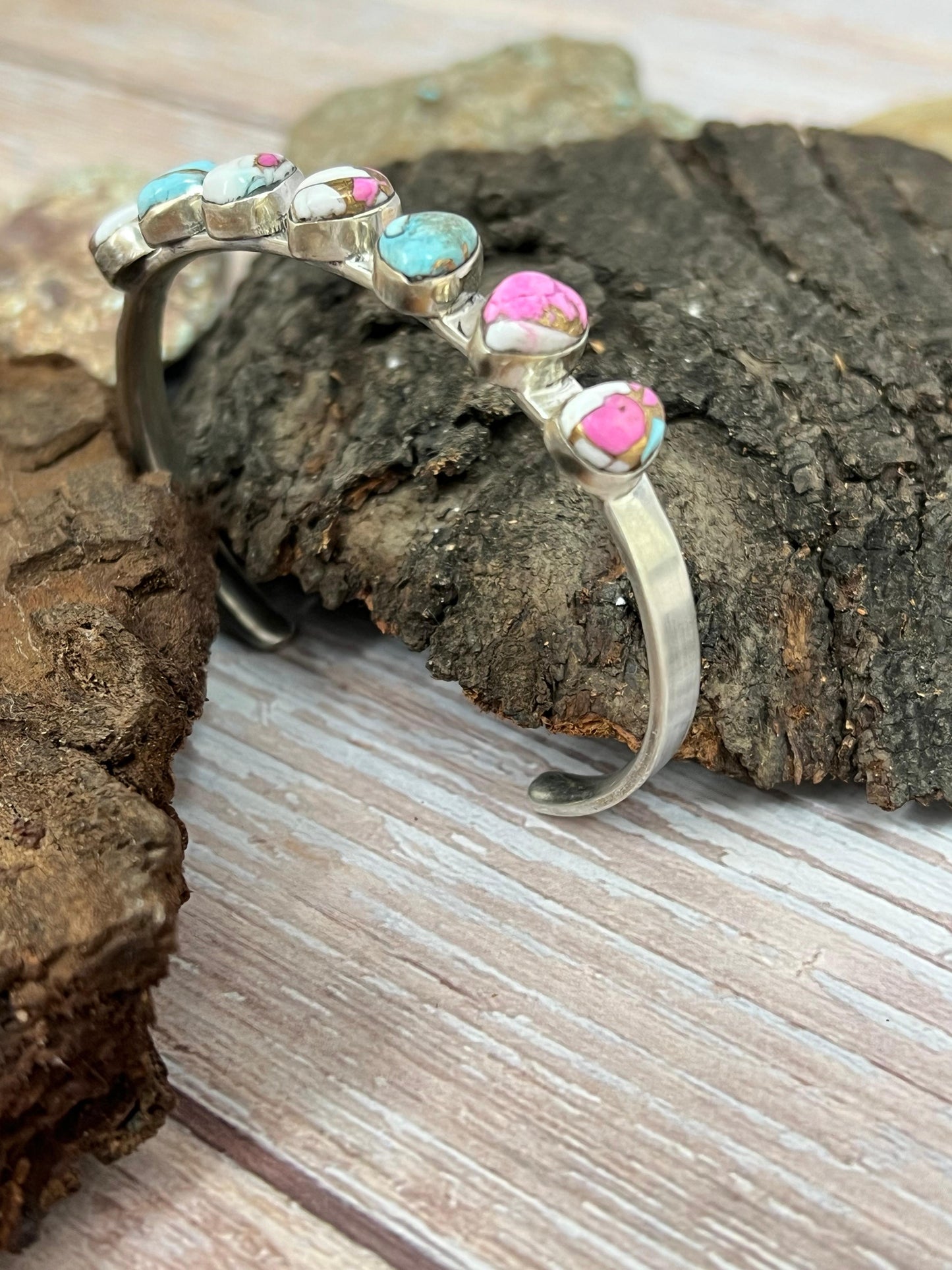 Handmade Sterling Silver Cotton Candy Turquoise Cuff Bracelet with Signed Nizhoni (6)