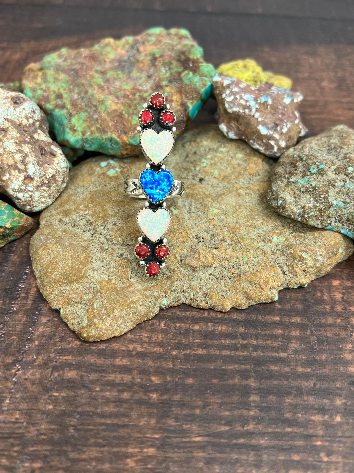 ** 4TH OF JULY ** Handmade Sterling Silver Synthetic Opal Adjustable Heart Ring with Signed Nizhoni