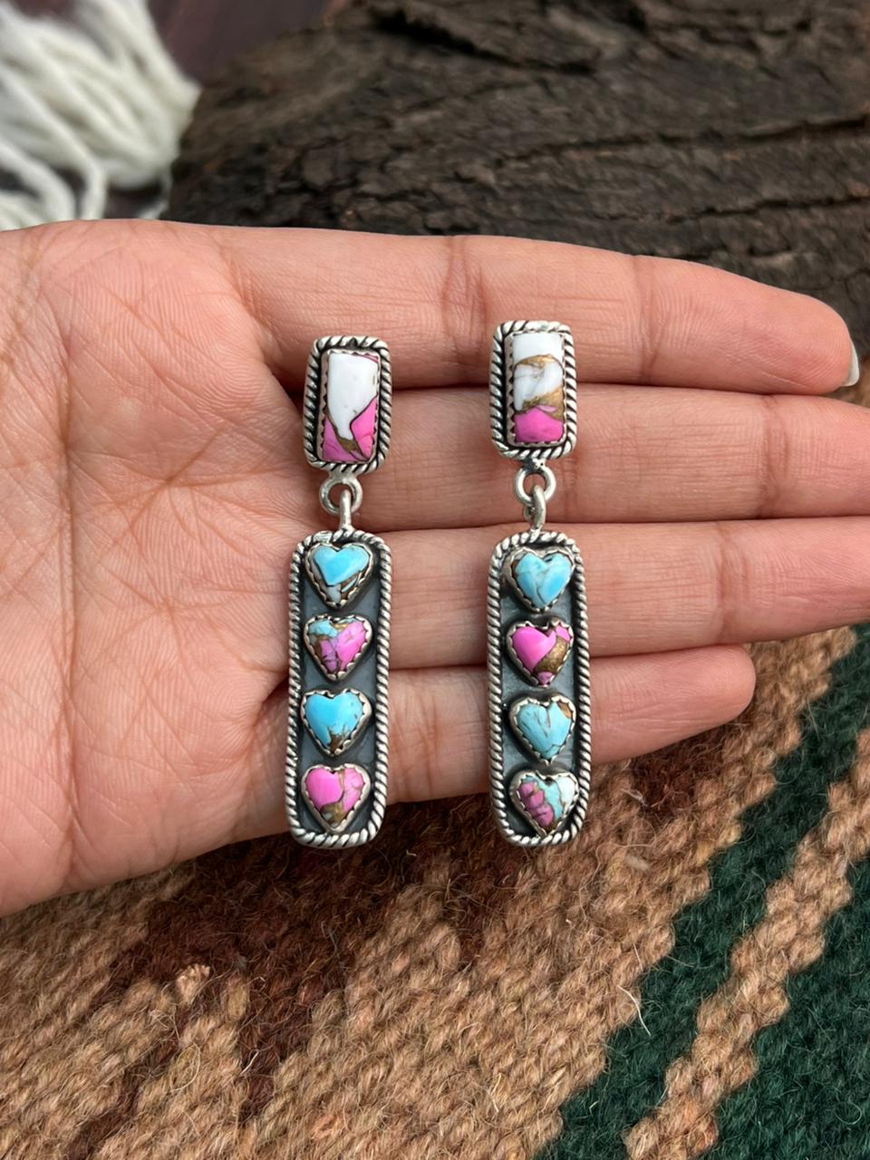 "Heart Collection" Handmade Sterling Silver Cotton Candy Post Dangle Earrings "Signed Nizhoni"