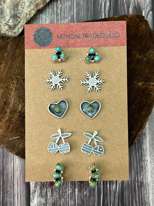 Handmade Sterling Silver Kingman Turquoise Post Studs Earrings Set