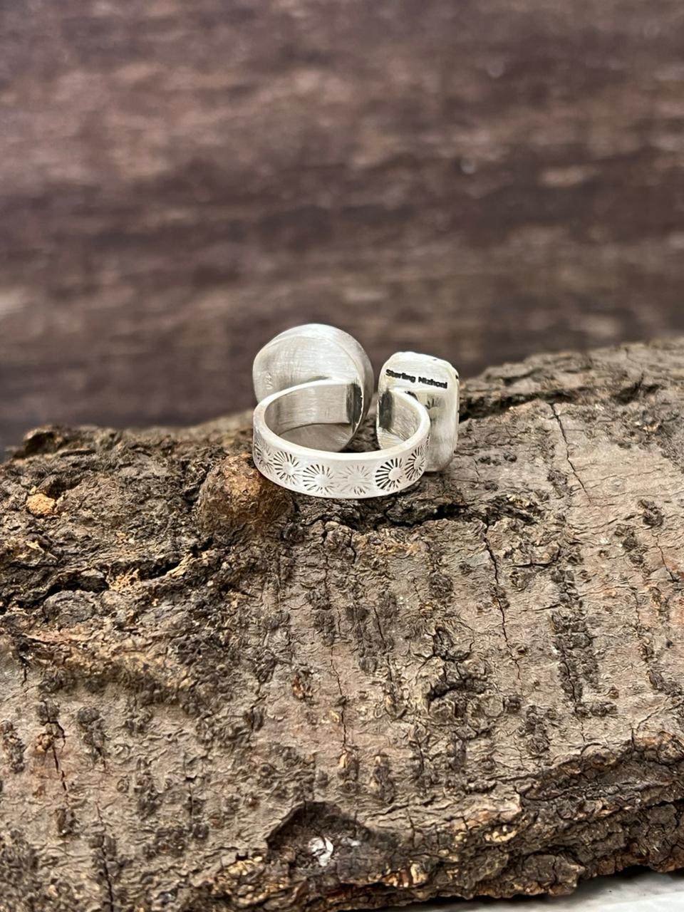 Handmade Sterling Silver Wild Horse Magnesite with Kingman Turquoise Adjustable Ring with Signed Nizhoni (9)