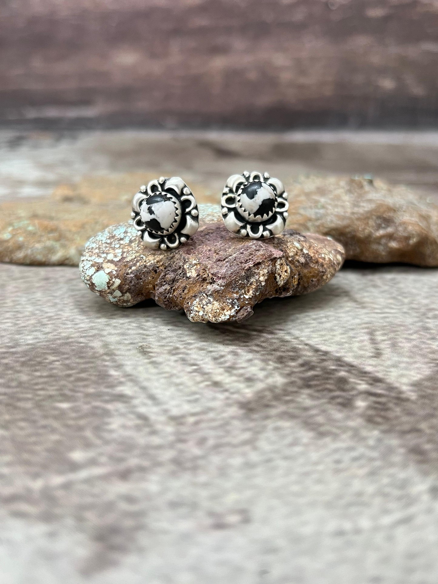 Handmade Sterling Silver White Buffalo Post Studs with Signed Nizhoni
