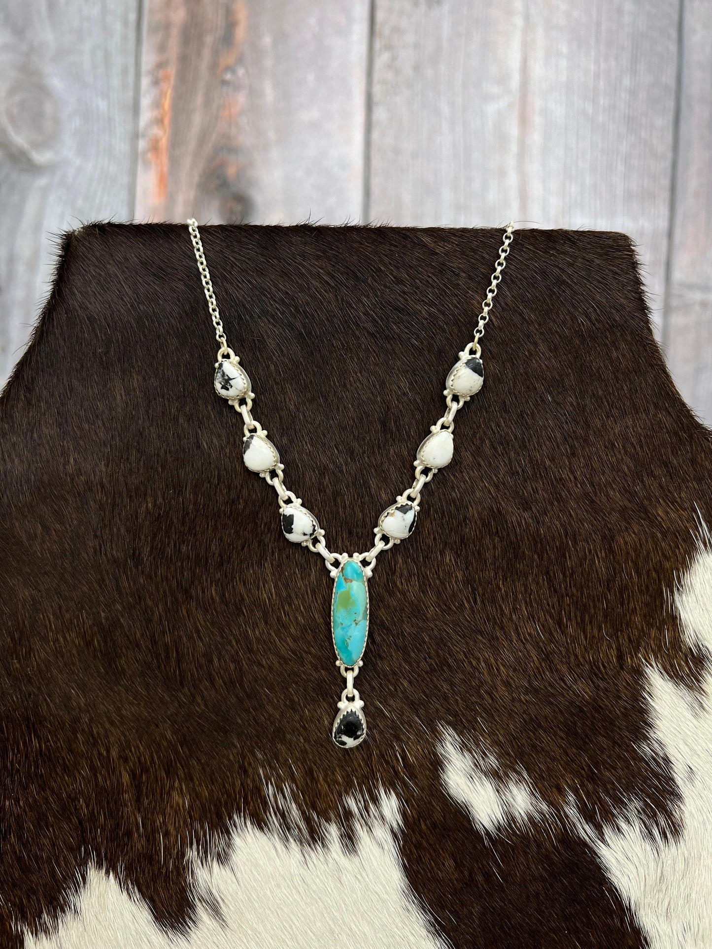 Handmade Sterling Silver White Buffalo with Kingman Turquoise Necklace, Signed Nizhoni