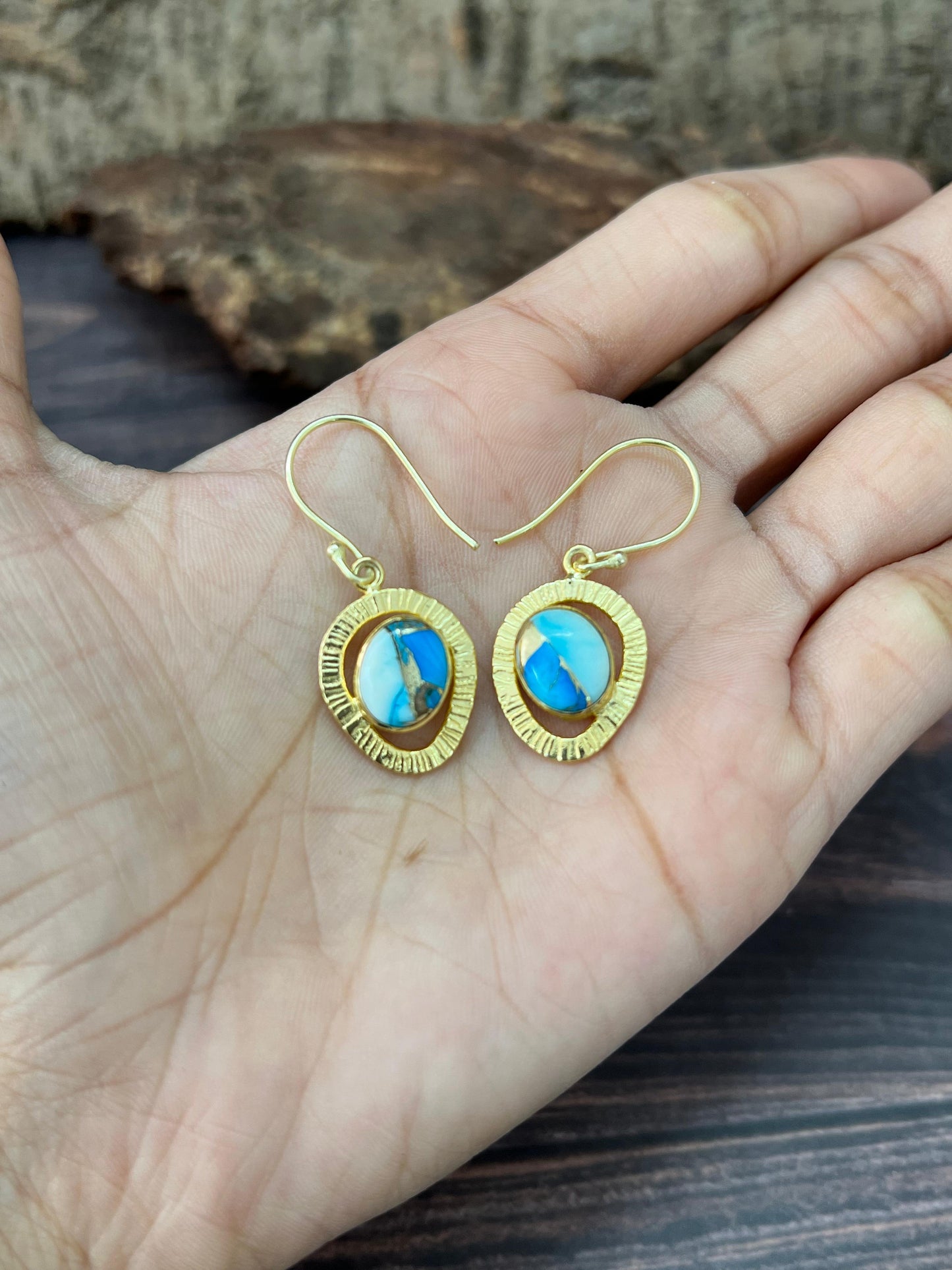 “The Golden Collection” Handmade Natural Blue Ice Dahlia Hook Dangle Earrings
