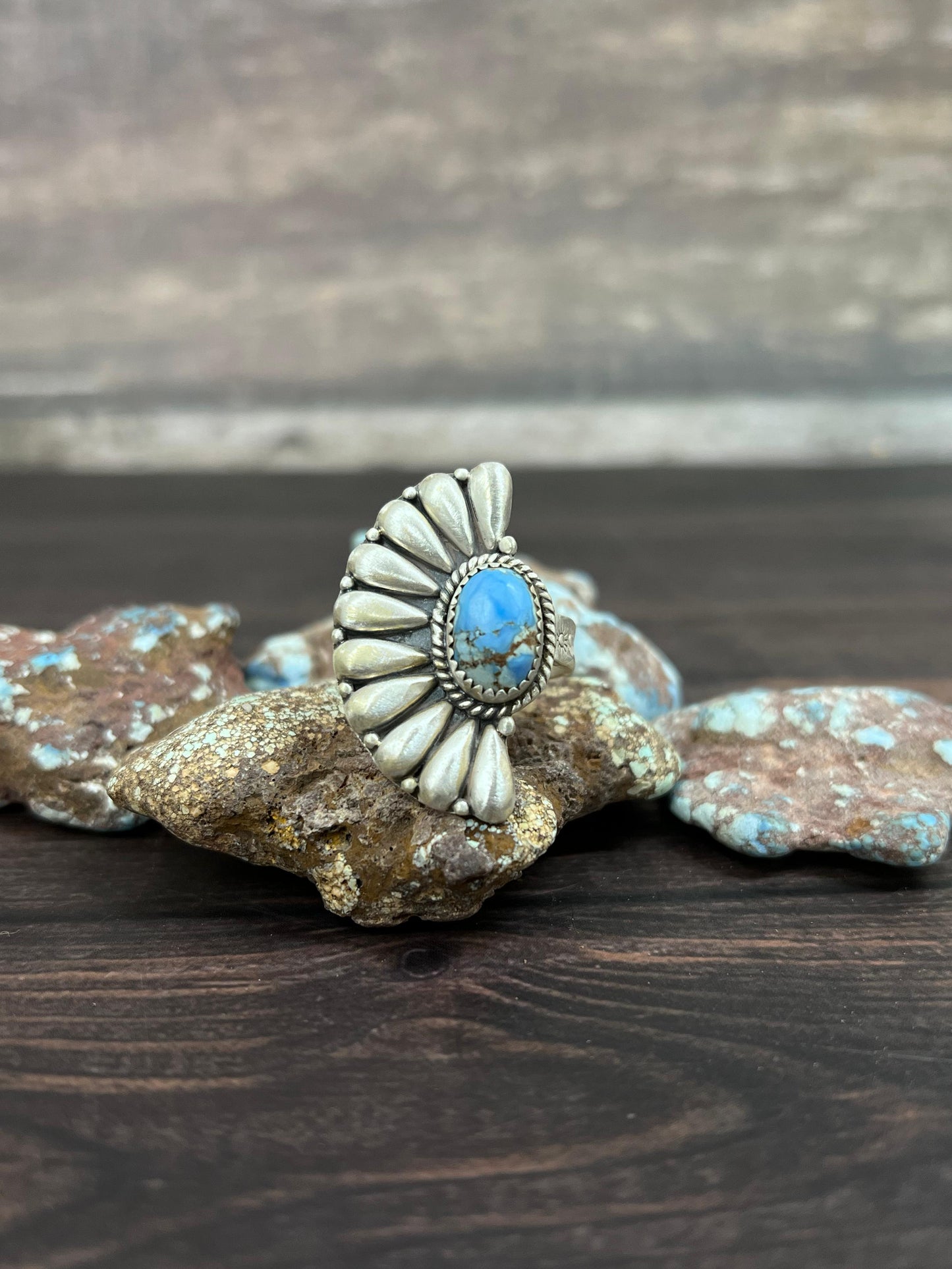 Handmade Sterling Silver with Golden Hills Turquoise Adjustable Ring With Signed Nizhoni