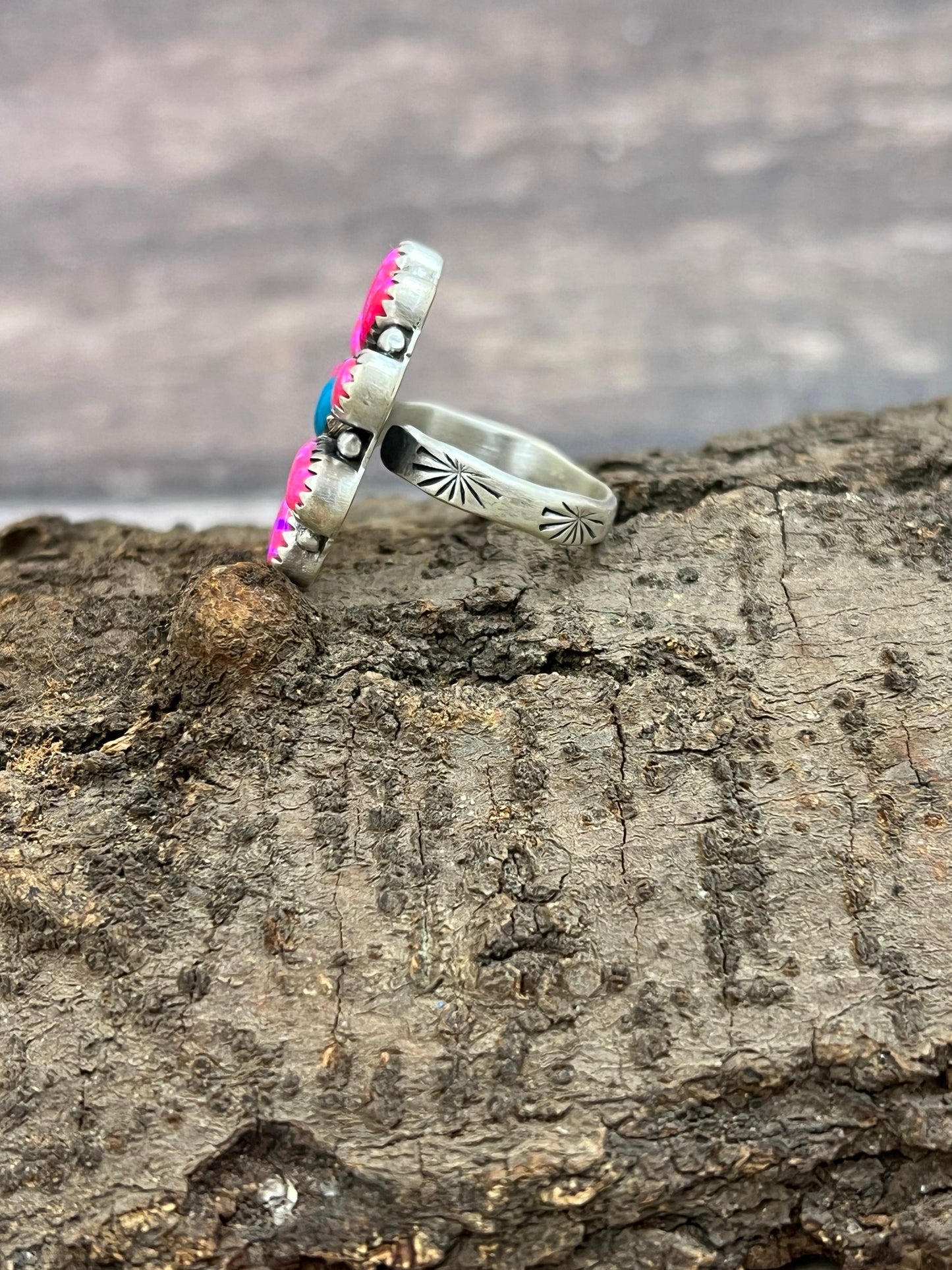 Handmade Sterling Silver Hot Pink with Kingman Turquoise Adjustable Cluster Flower Ring with Signed Nizhoni (6)