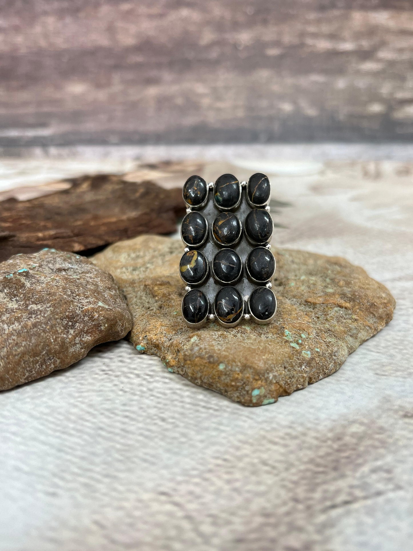 Handmade Sterling Silver Blackjack Turquoise Adjustable Ring Signed Nizhoni