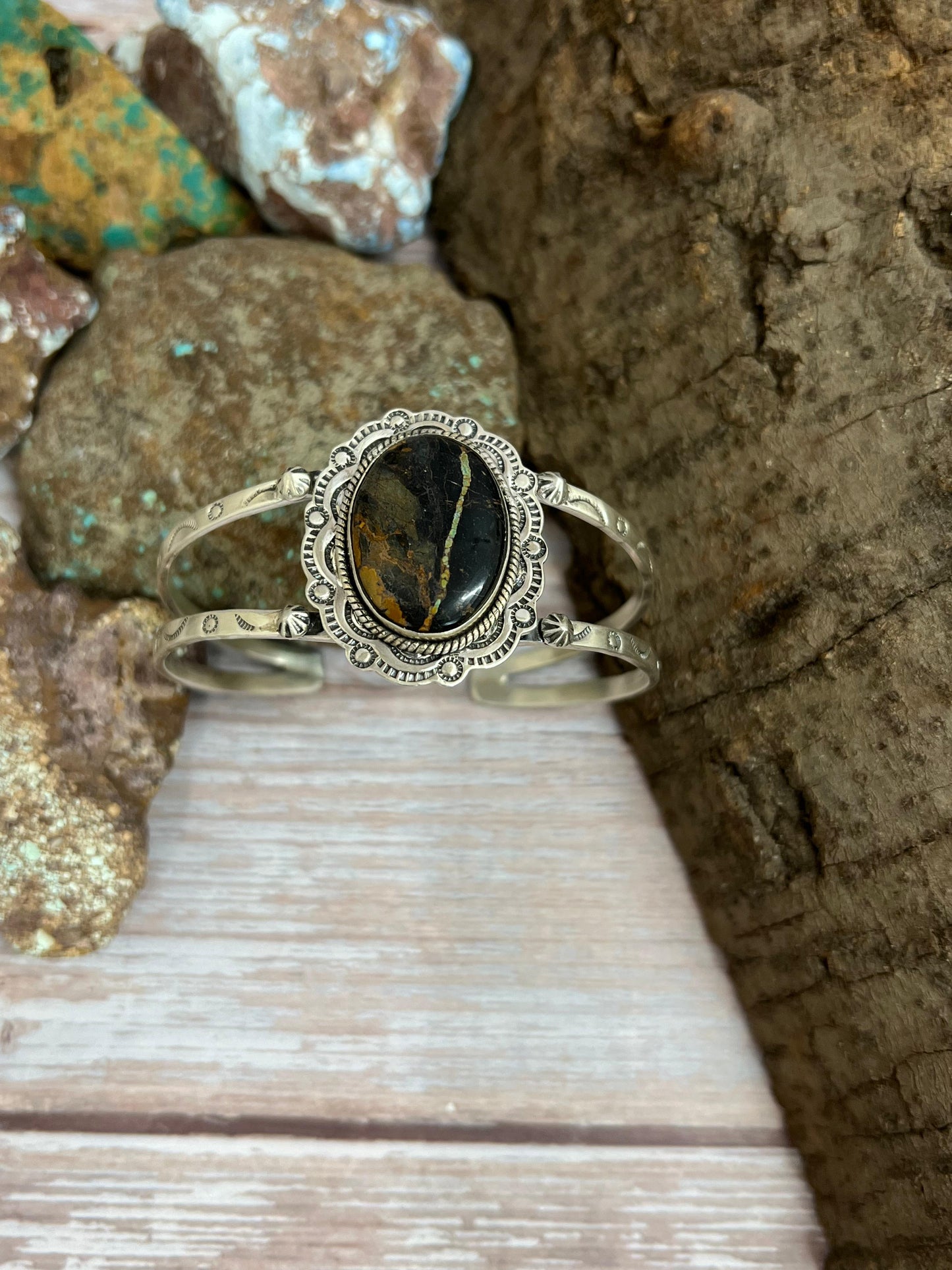 Handmade Sterling Silver Black Jack Cuff Bracelet with Signed Nizhoni