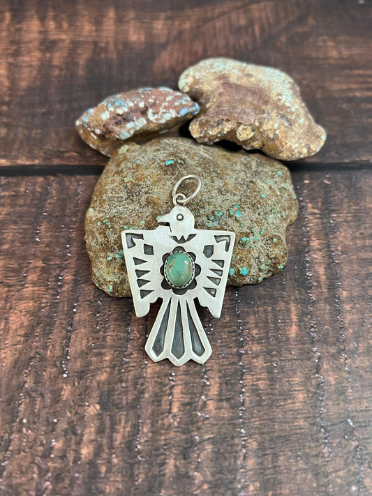 Handmade Sterling Silver Kingman Turquoise Thunder Bird Pendant with Signed Nizhoni