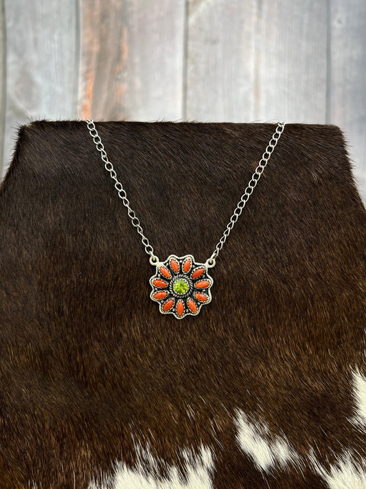 Christmas Collection Handmade Sterling Silver Coral with Peridot Necklace with Signed Nizhoni