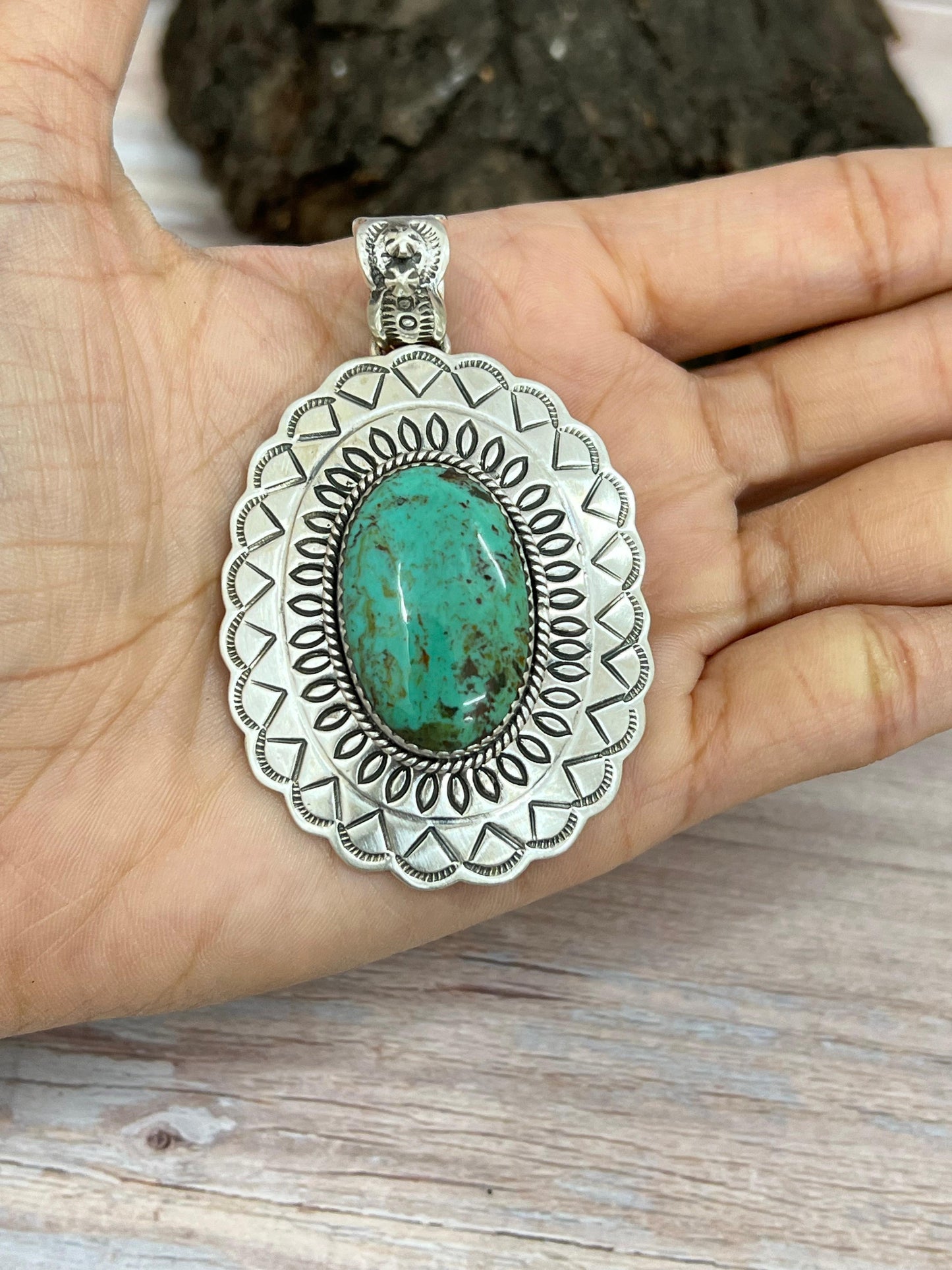 Handmade Sterling Silver Kingman Turquoise Pendant hiwith Signed Nizhoni