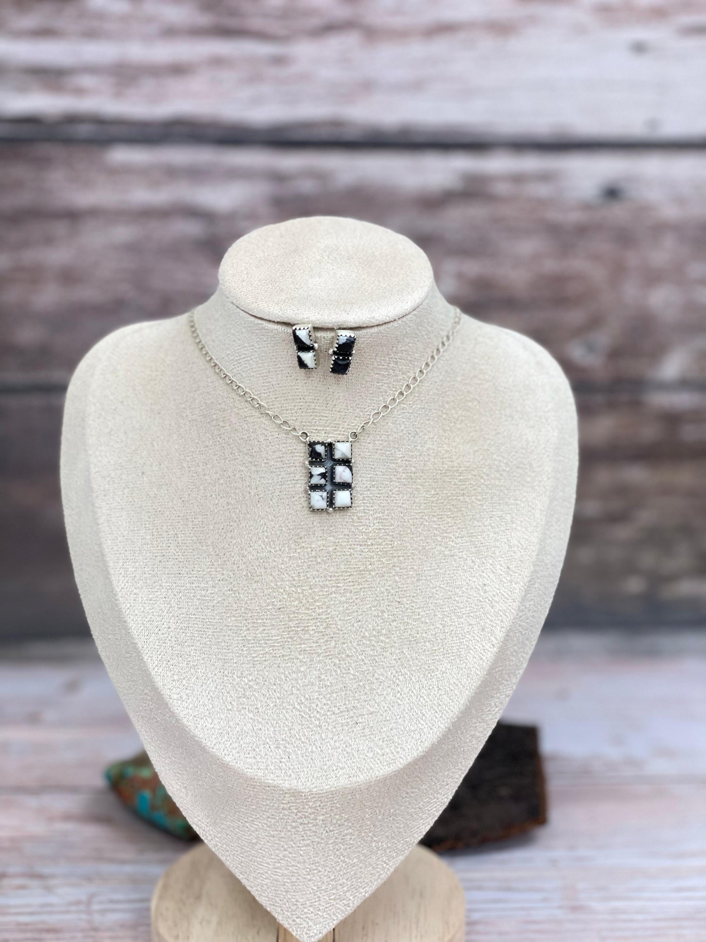 Handmade Sterling Silver White Buffalo Necklace Earrings Set with Signed Nizhoni