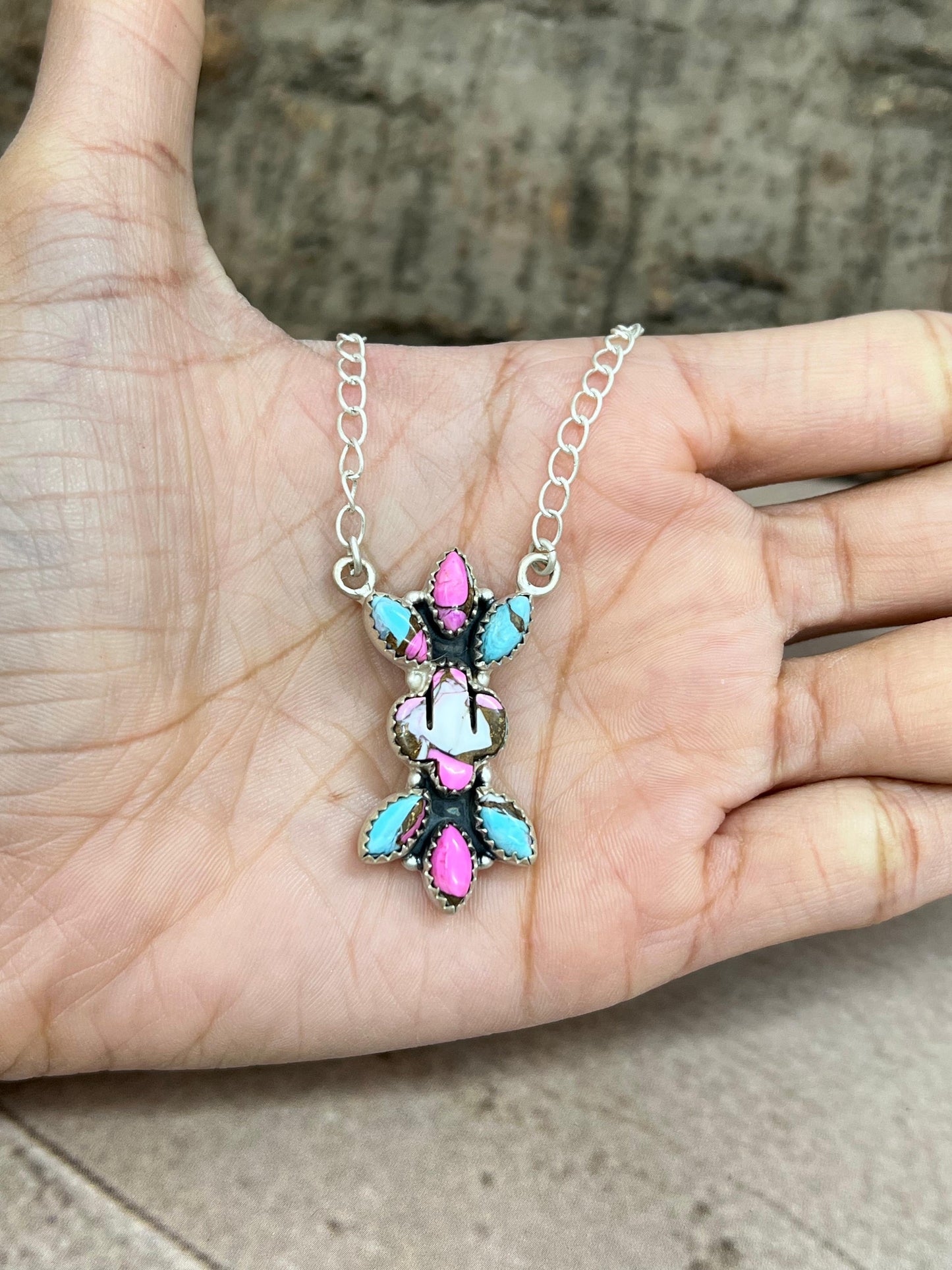 Handmade Sterling Silver Cotton Candy Turquoise Necklace with Signed Nizhoni