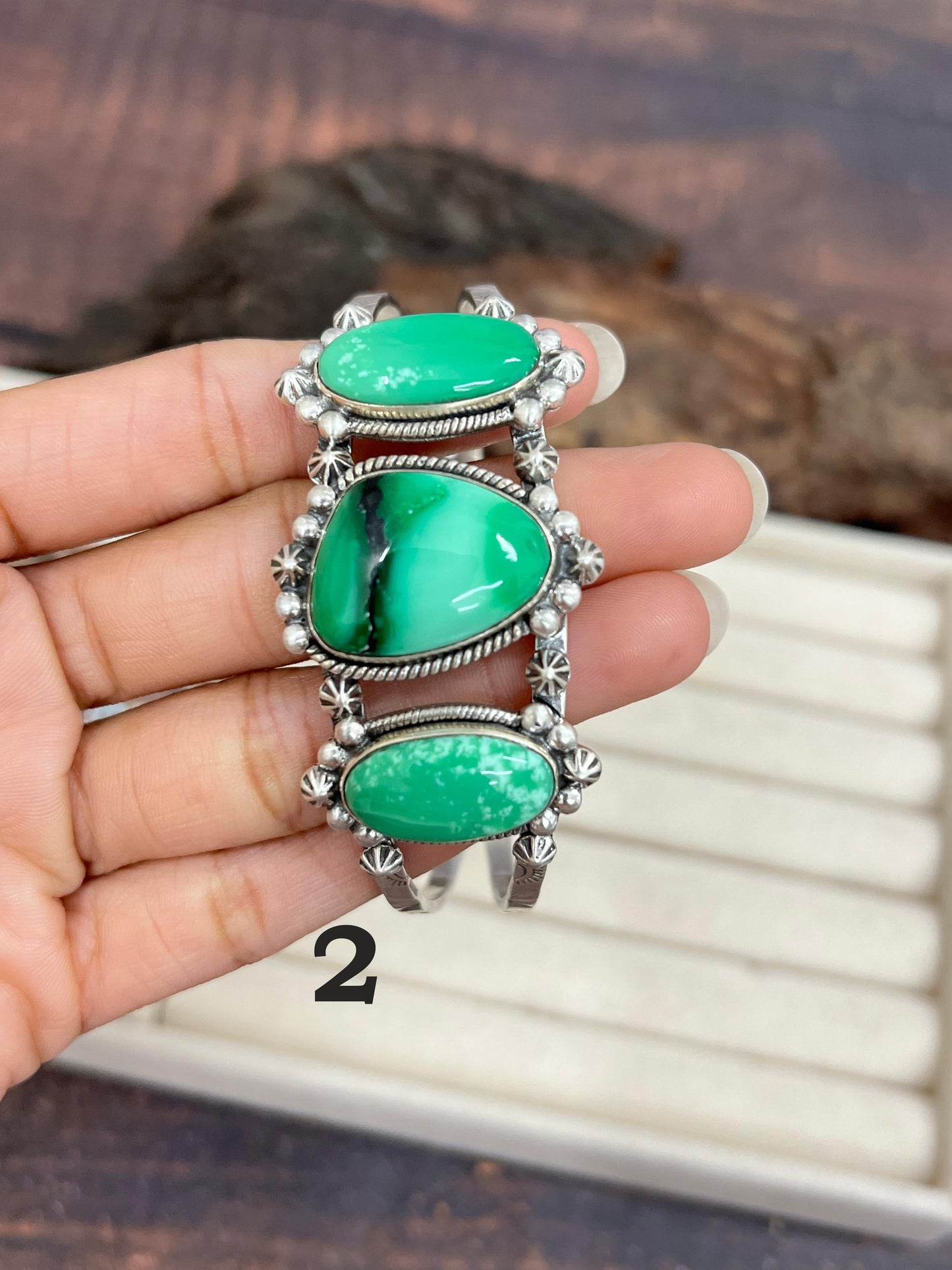 Handmade Sterling Silver Emerald Rose Cuff Bracelet with Signed Nizhoni