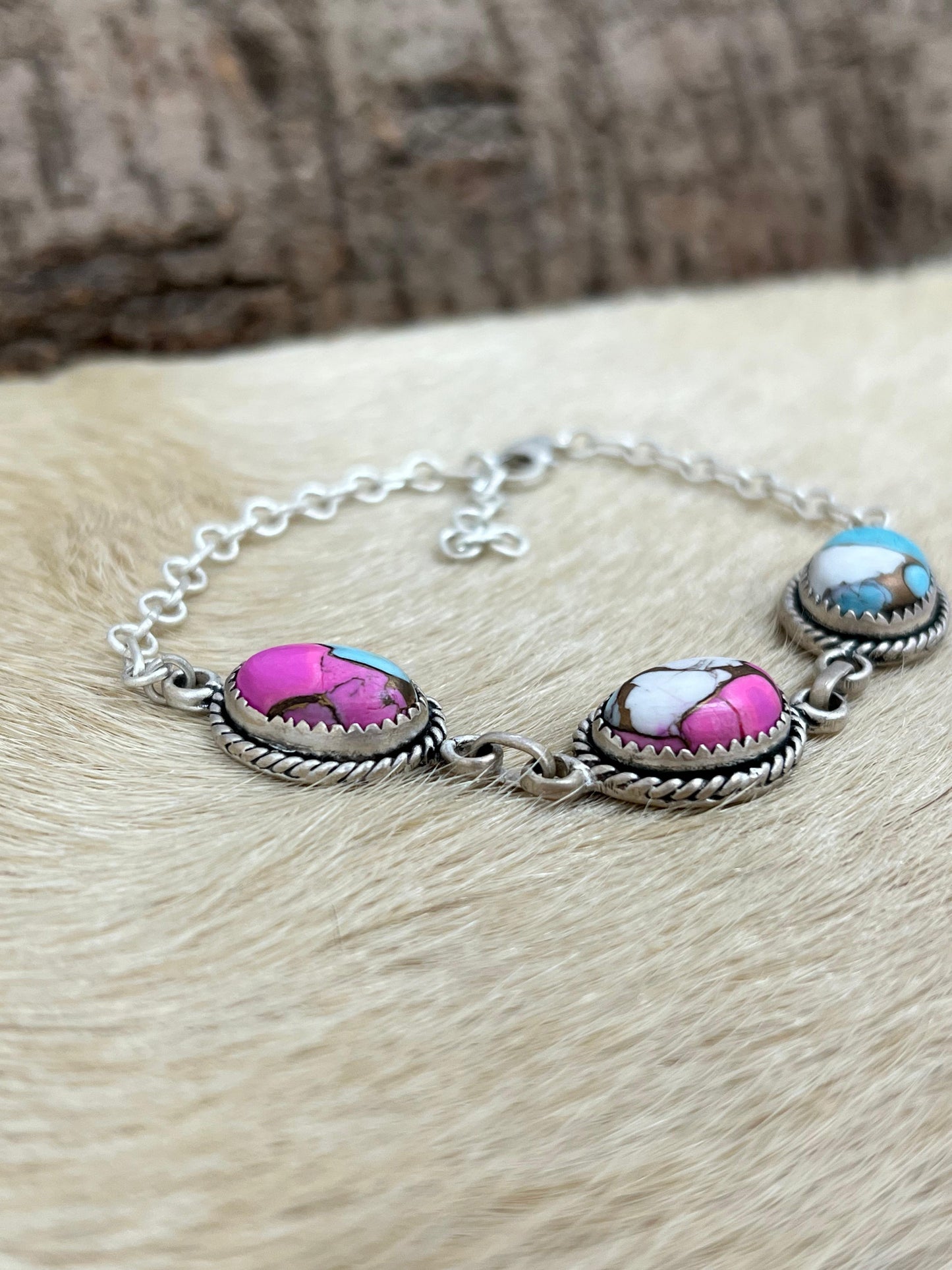 Handmade Sterling Silver Cotton Candy Turquoise Chain Bracelet with Signed Nizhoni (9)